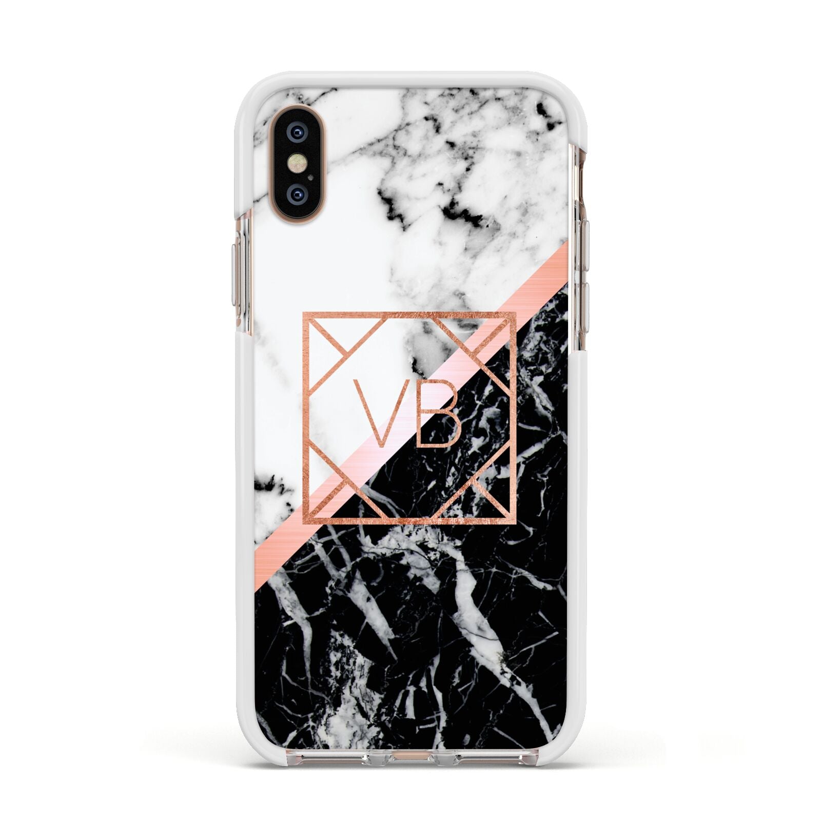 Personalised Rose Gold With Marble Initials Apple iPhone Xs Impact Case White Edge on Gold Phone