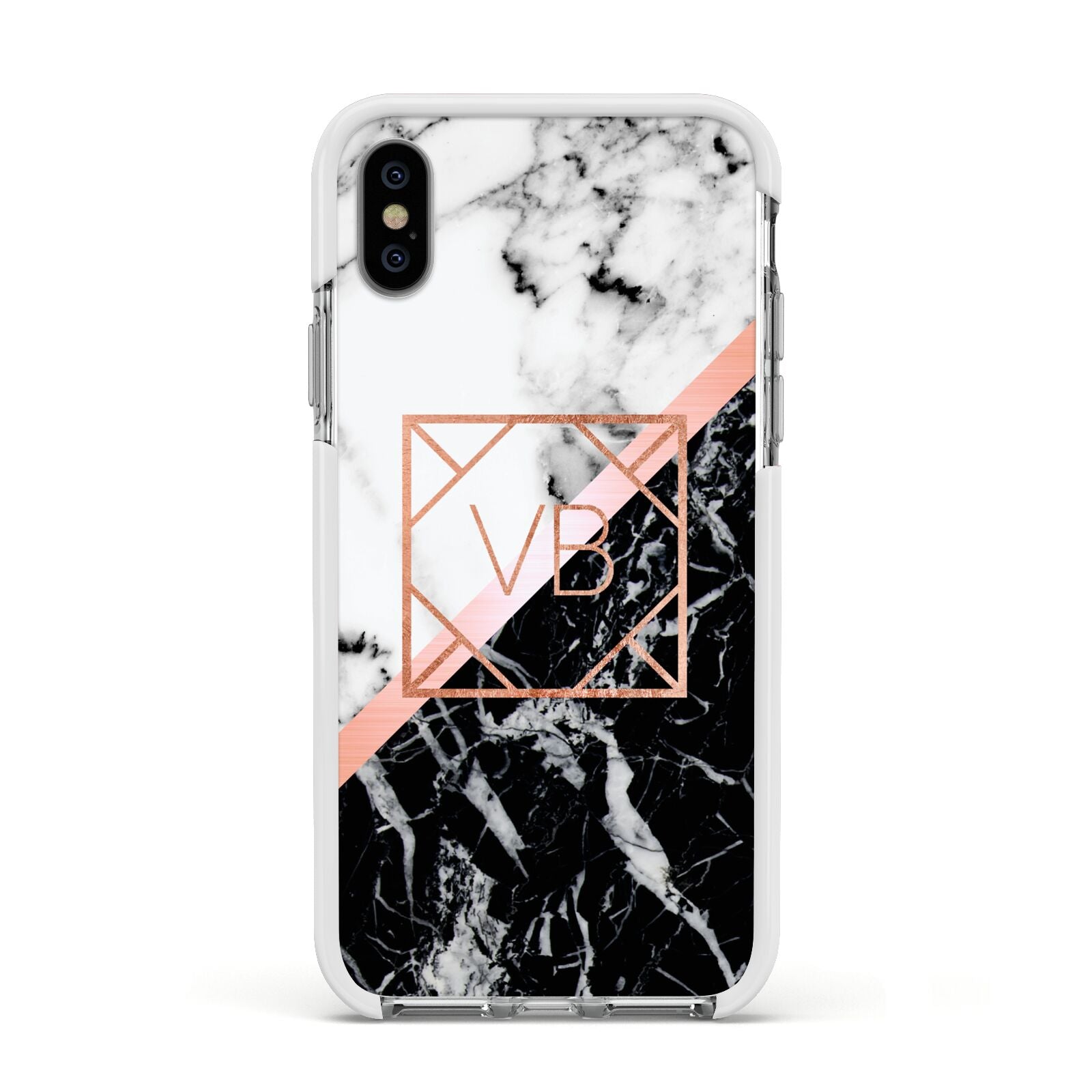 Personalised Rose Gold With Marble Initials Apple iPhone Xs Impact Case White Edge on Silver Phone
