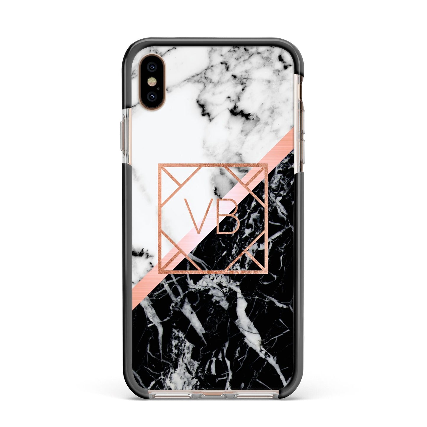 Personalised Rose Gold With Marble Initials Apple iPhone Xs Max Impact Case Black Edge on Gold Phone