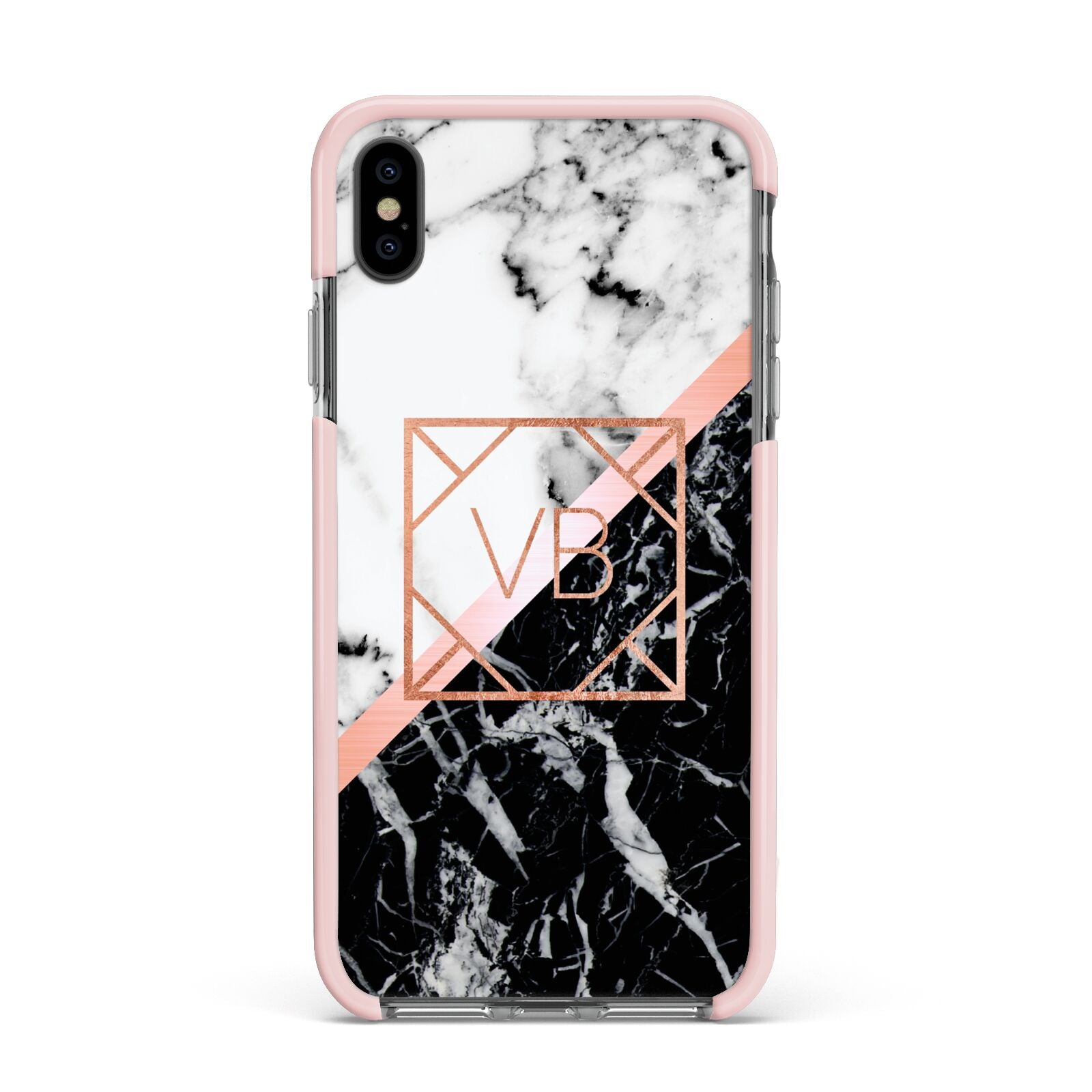 Personalised Rose Gold With Marble Initials Apple iPhone Xs Max Impact Case Pink Edge on Black Phone
