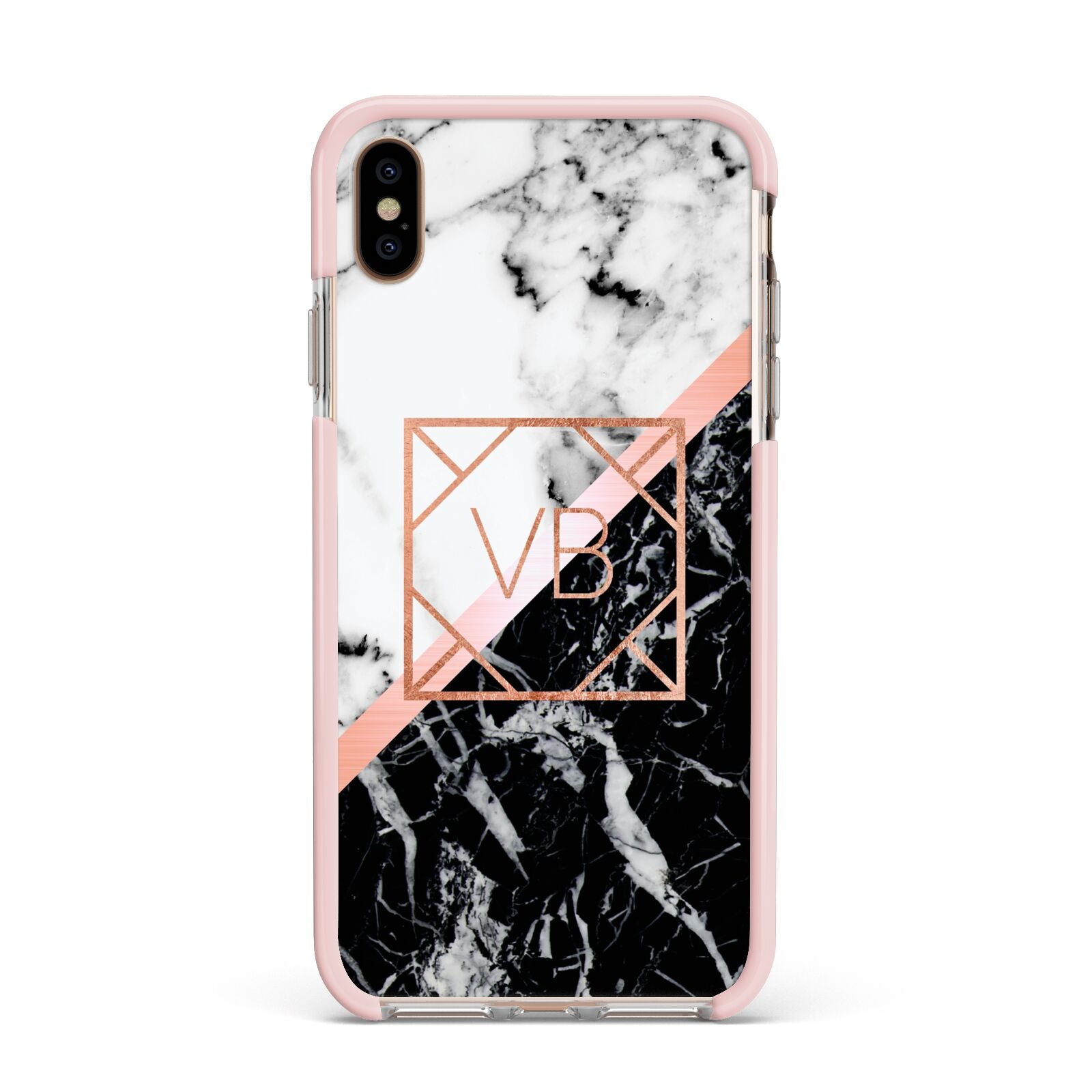 Personalised Rose Gold With Marble Initials Apple iPhone Xs Max Impact Case Pink Edge on Gold Phone
