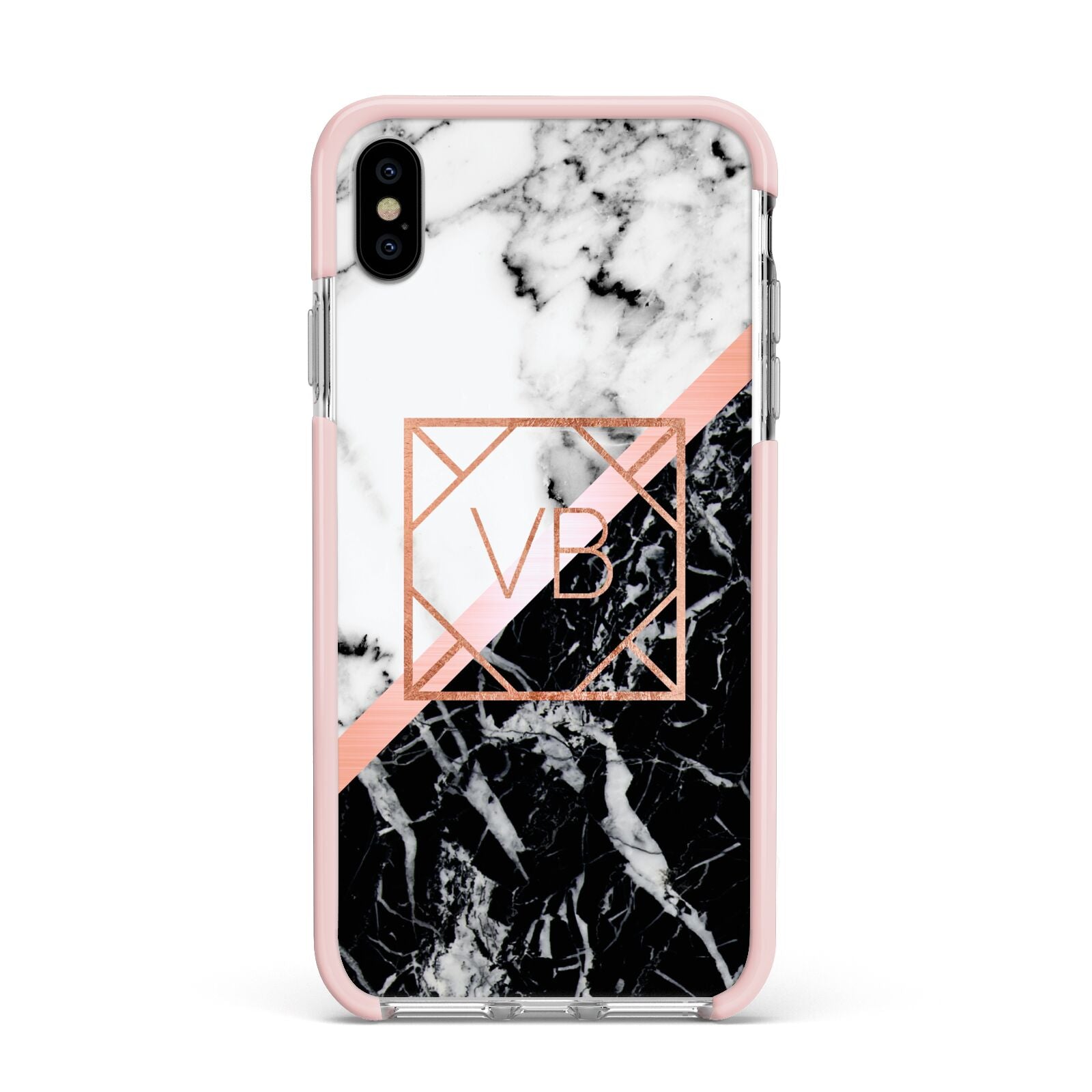 Personalised Rose Gold With Marble Initials Apple iPhone Xs Max Impact Case Pink Edge on Silver Phone