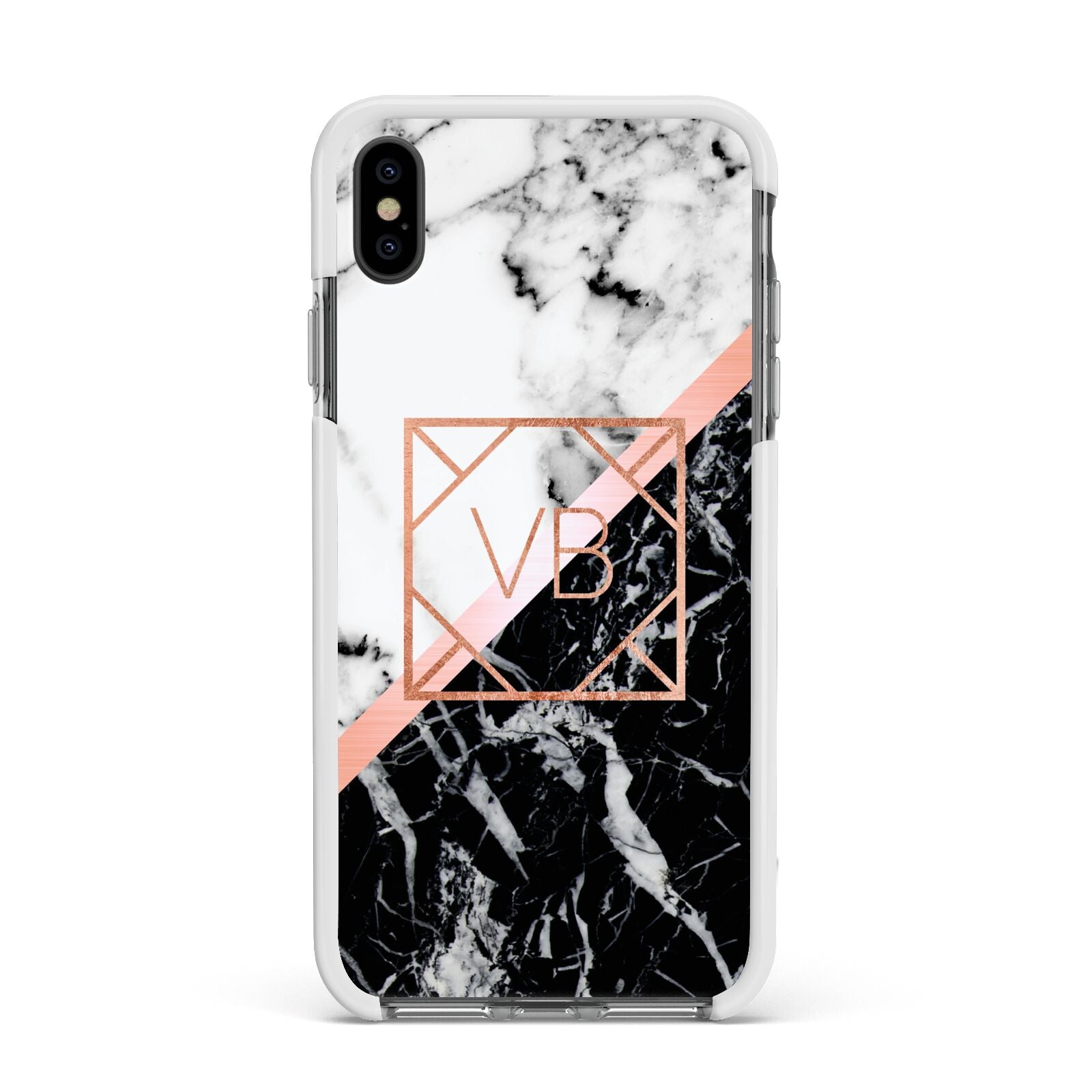 Personalised Rose Gold With Marble Initials Apple iPhone Xs Max Impact Case White Edge on Black Phone