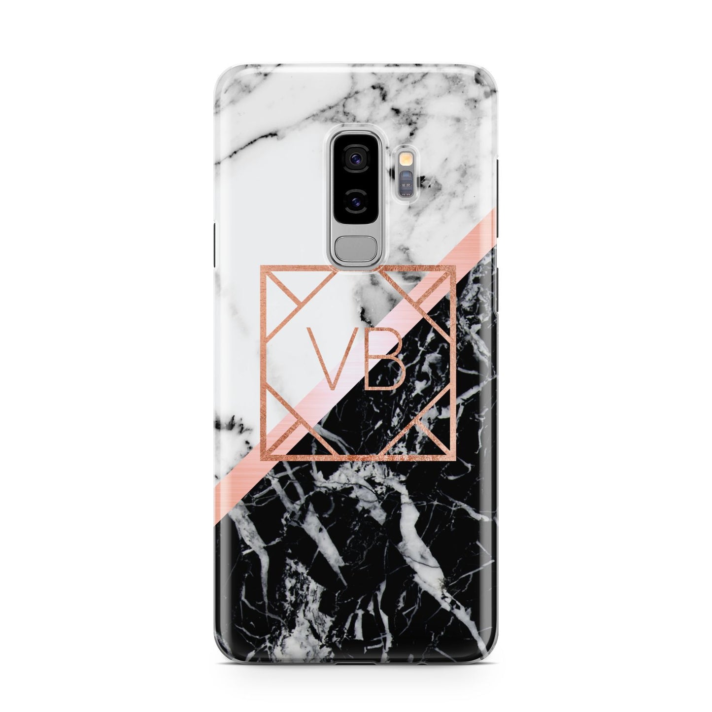 Personalised Rose Gold With Marble Initials Samsung Galaxy S9 Plus Case on Silver phone