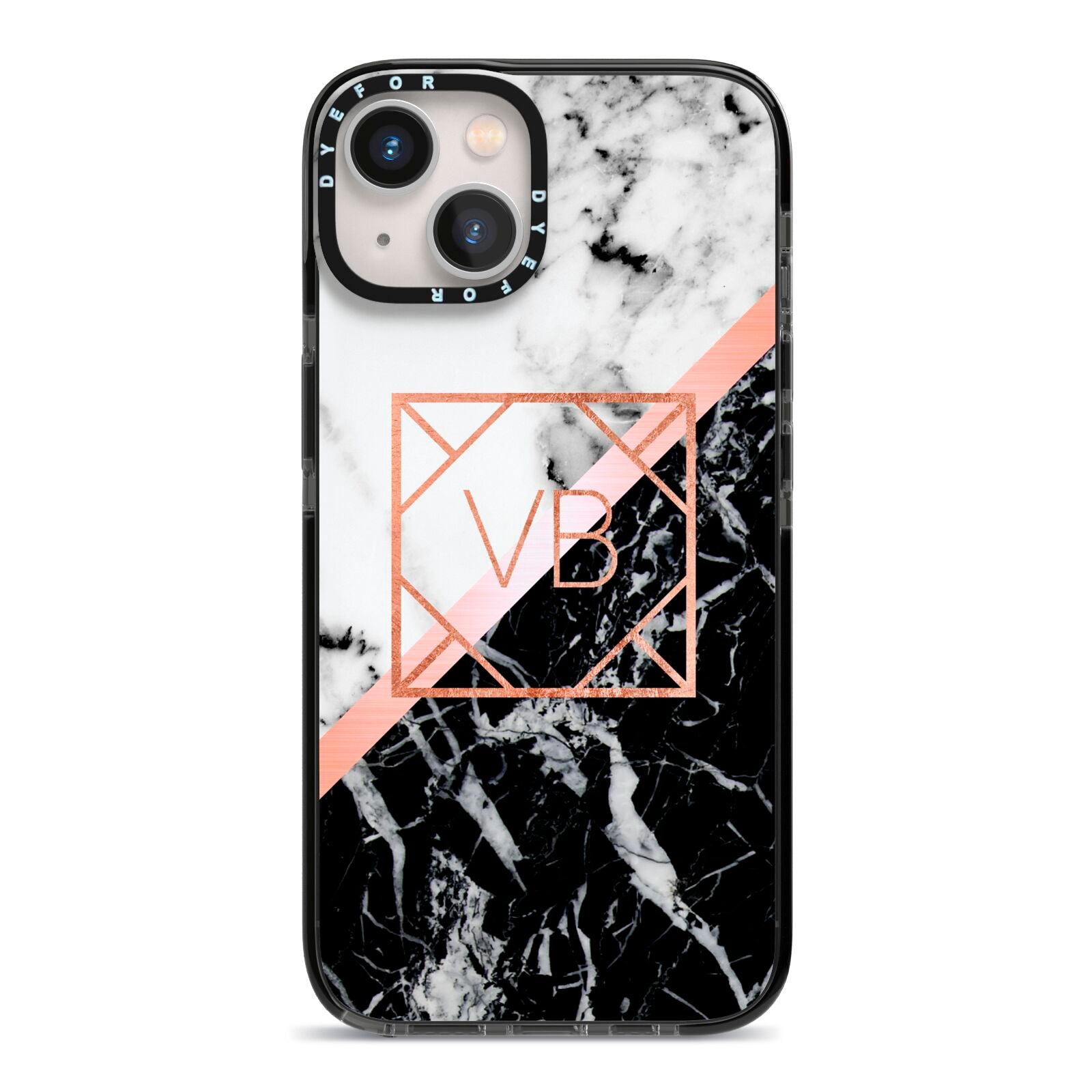 Personalised Rose Gold With Marble Initials iPhone 13 Black Impact Case on Silver phone