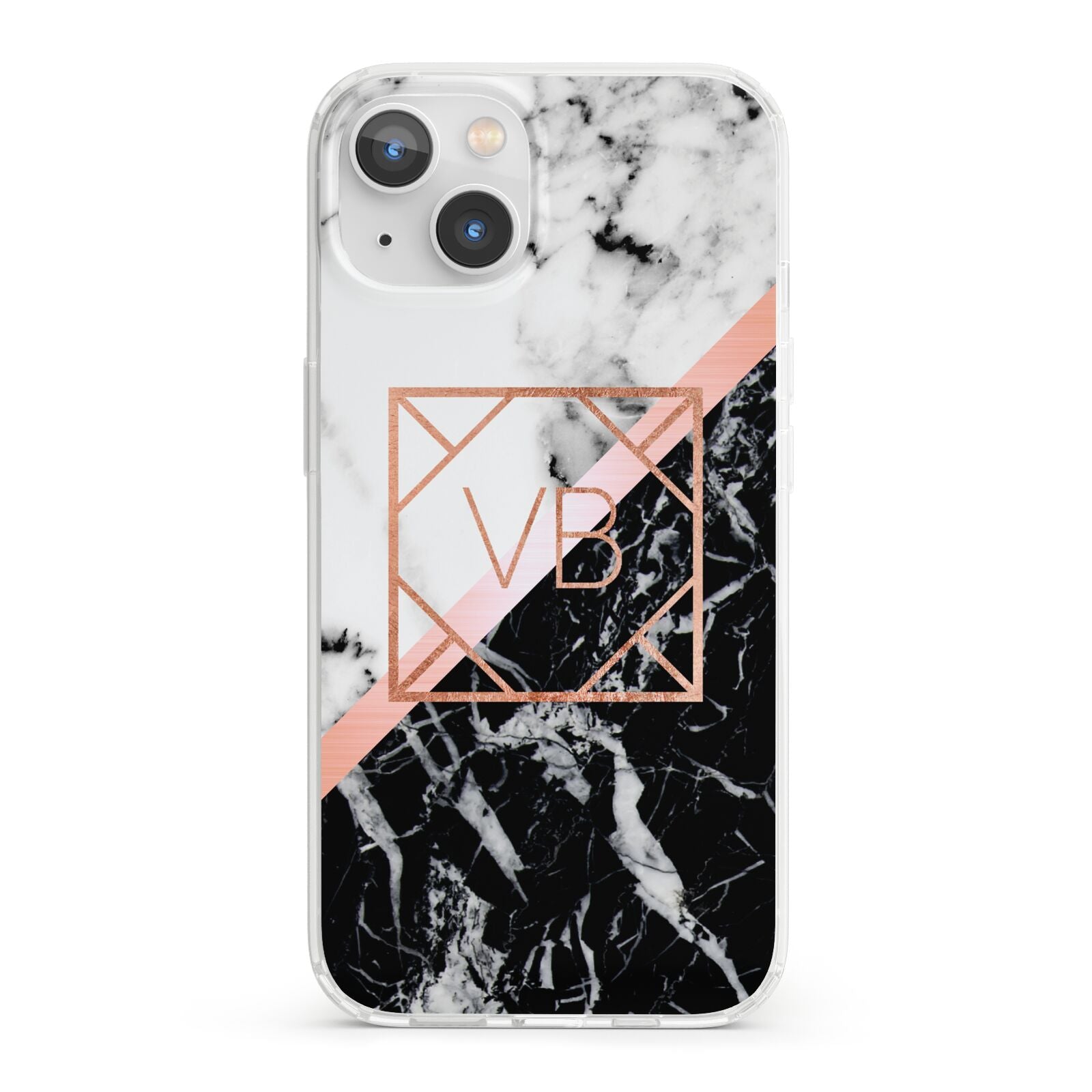 Personalised Rose Gold With Marble Initials iPhone 13 Clear Bumper Case