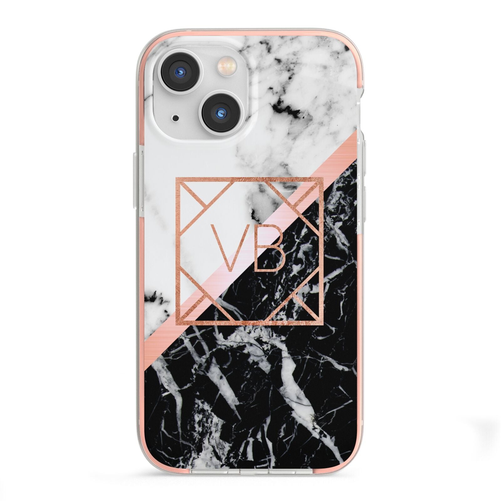 Personalised Rose Gold With Marble Initials iPhone 13 Mini TPU Impact Case with Pink Edges