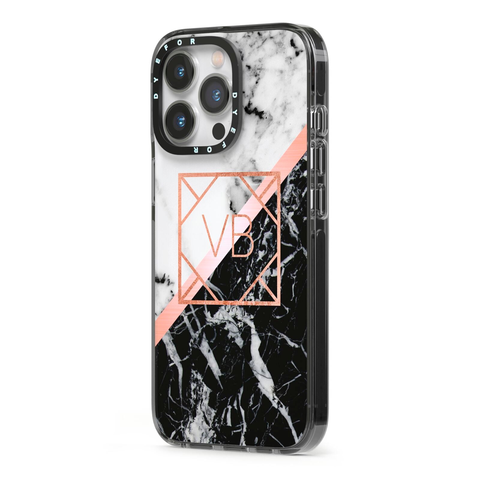 Personalised Rose Gold With Marble Initials iPhone 13 Pro Black Impact Case Side Angle on Silver phone