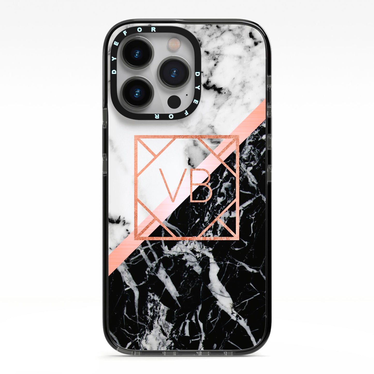 Personalised Rose Gold With Marble Initials iPhone 13 Pro Black Impact Case on Silver phone