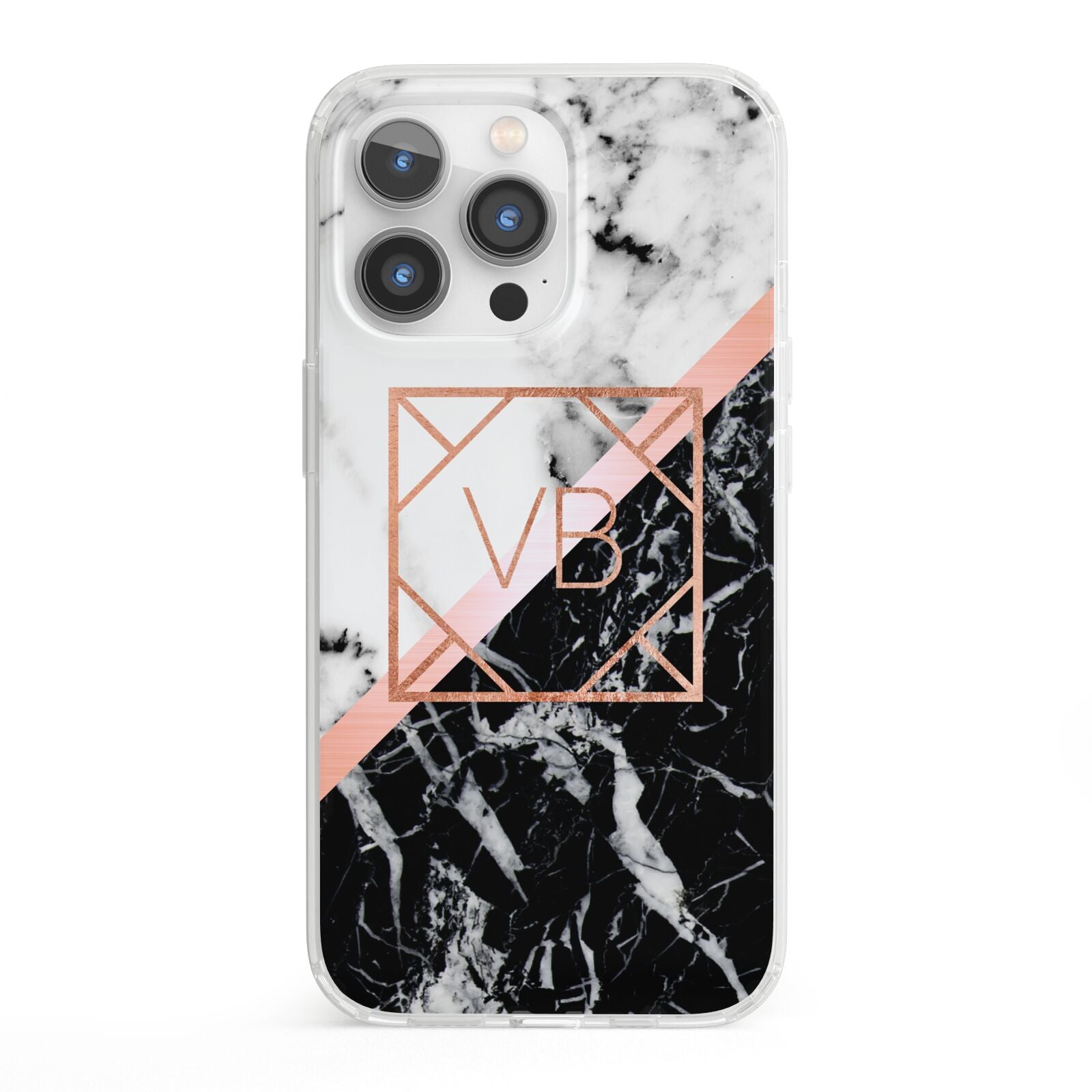 Personalised Rose Gold With Marble Initials iPhone 13 Pro Clear Bumper Case