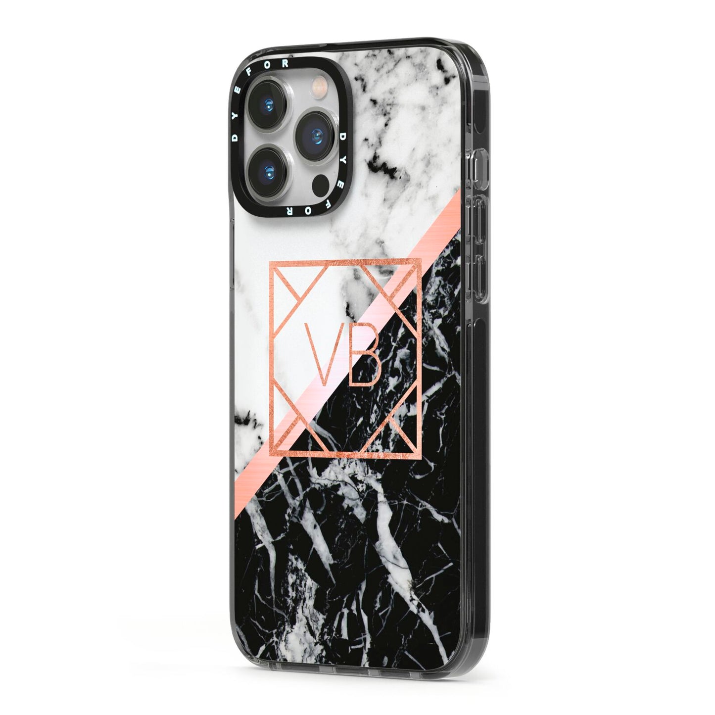 Personalised Rose Gold With Marble Initials iPhone 13 Pro Max Black Impact Case Side Angle on Silver phone
