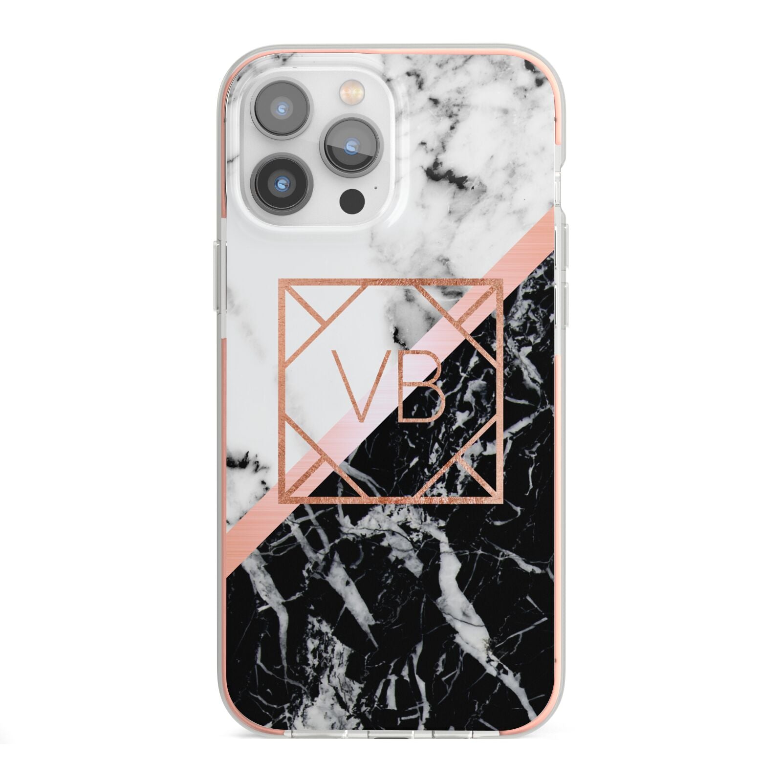 Personalised Rose Gold With Marble Initials iPhone 13 Pro Max TPU Impact Case with Pink Edges