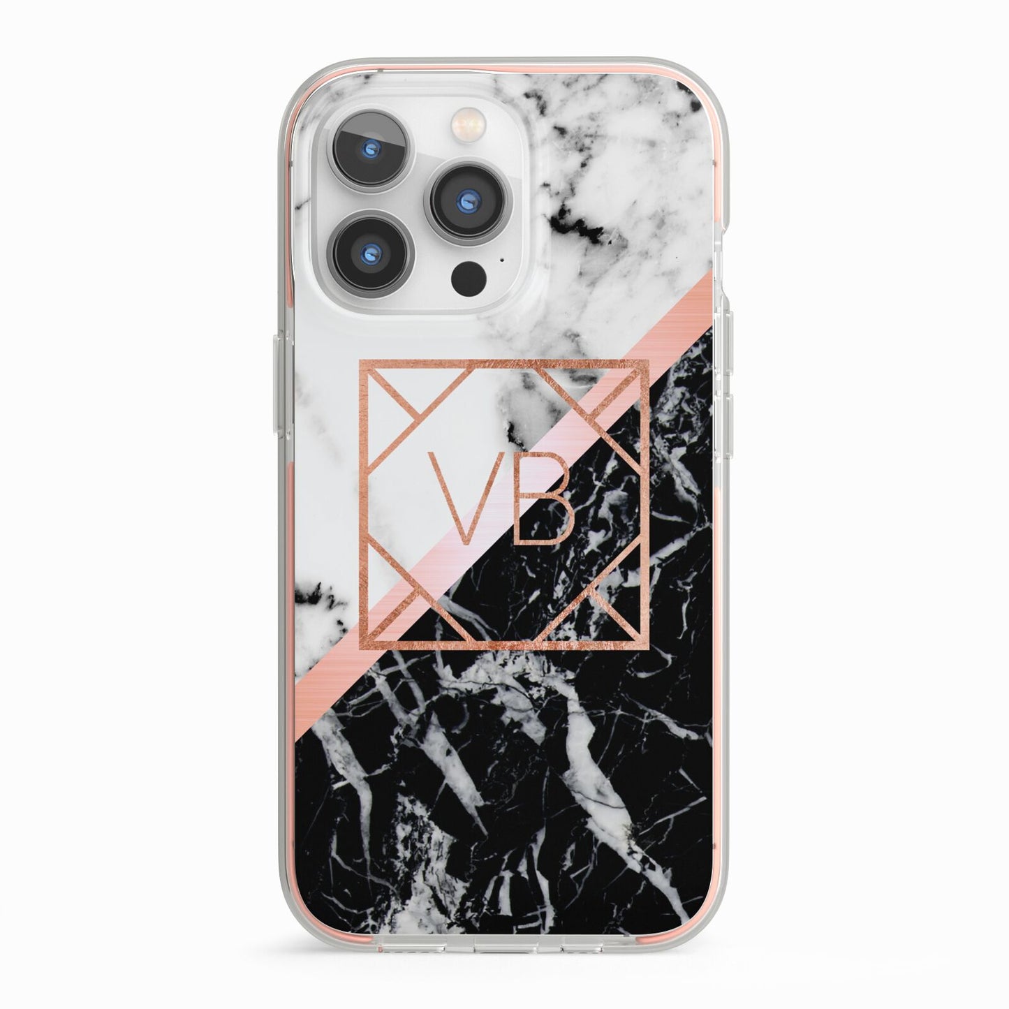 Personalised Rose Gold With Marble Initials iPhone 13 Pro TPU Impact Case with Pink Edges