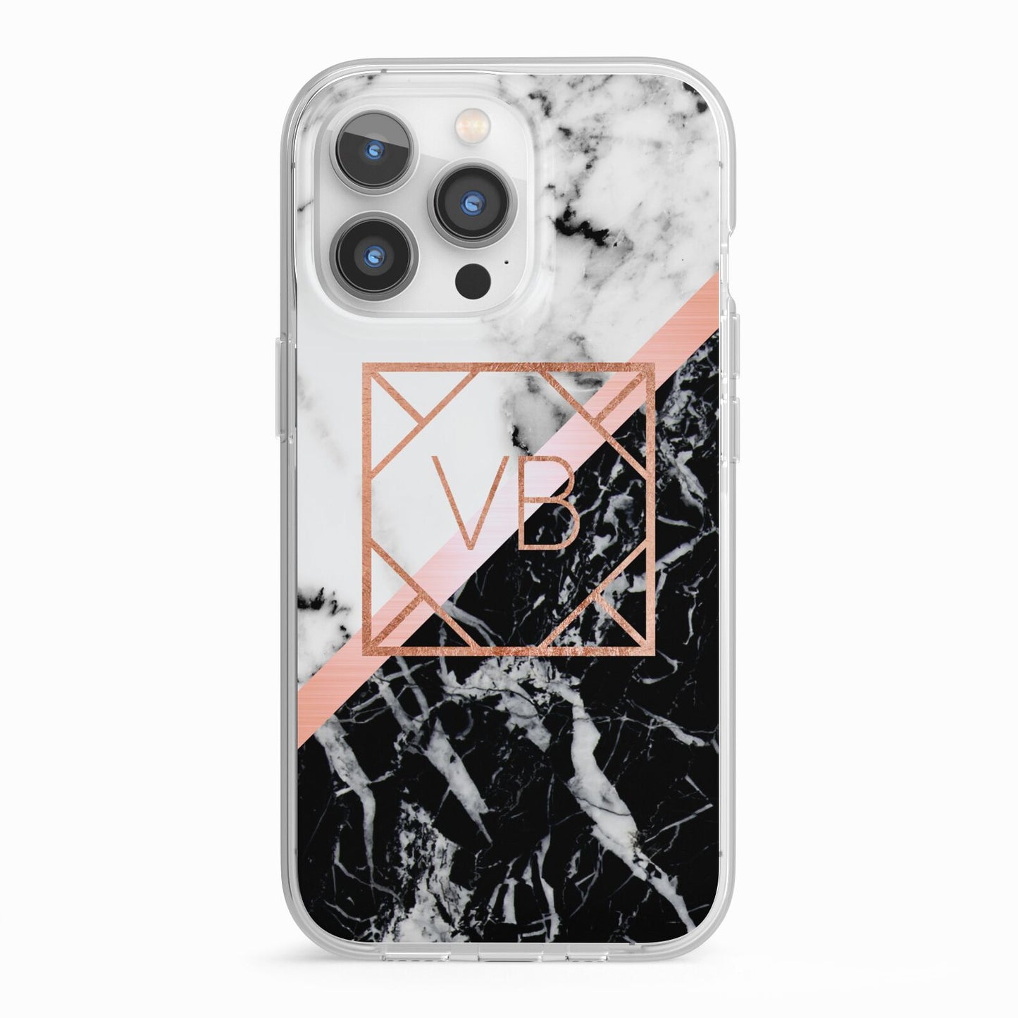 Personalised Rose Gold With Marble Initials iPhone 13 Pro TPU Impact Case with White Edges