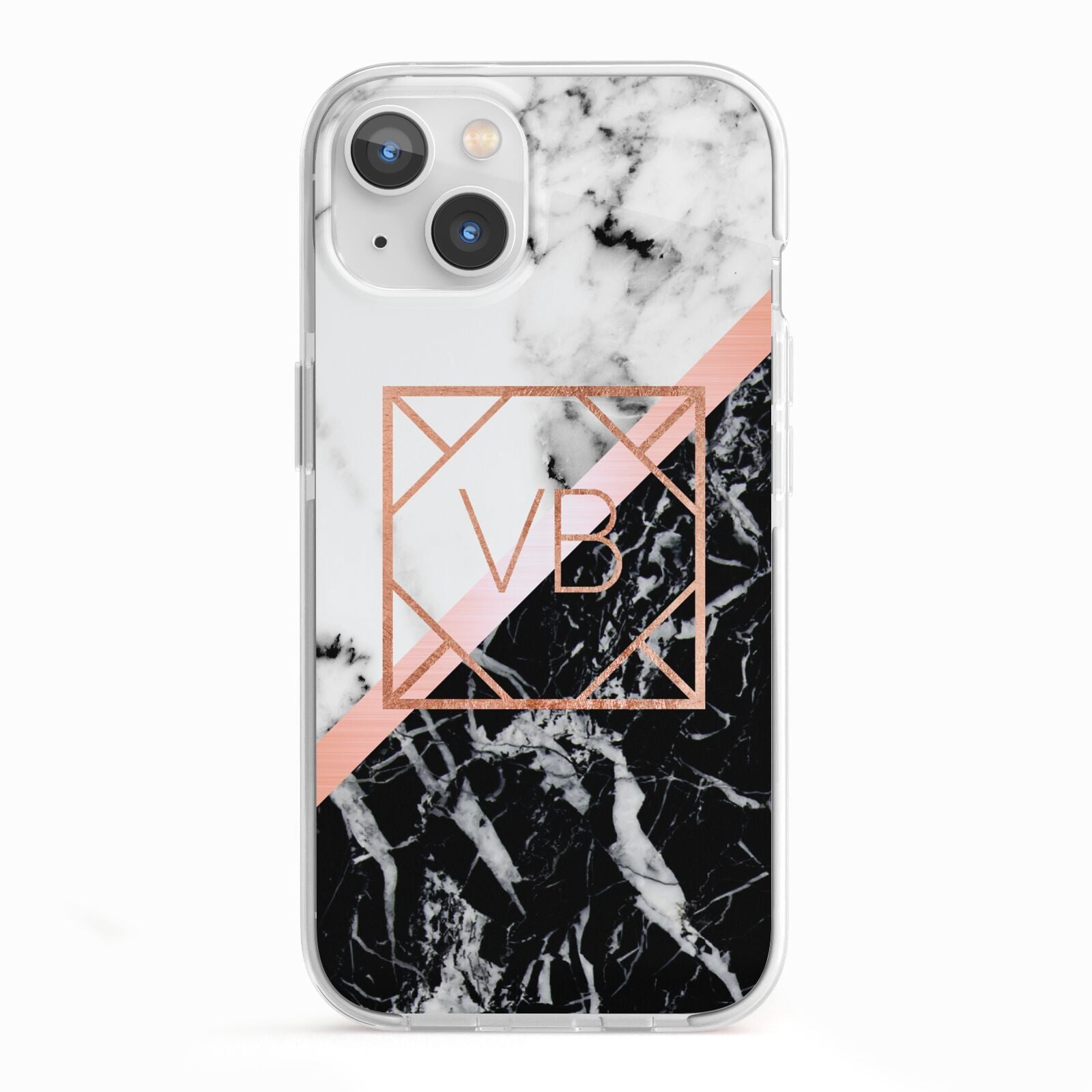 Personalised Rose Gold With Marble Initials iPhone 13 TPU Impact Case with White Edges