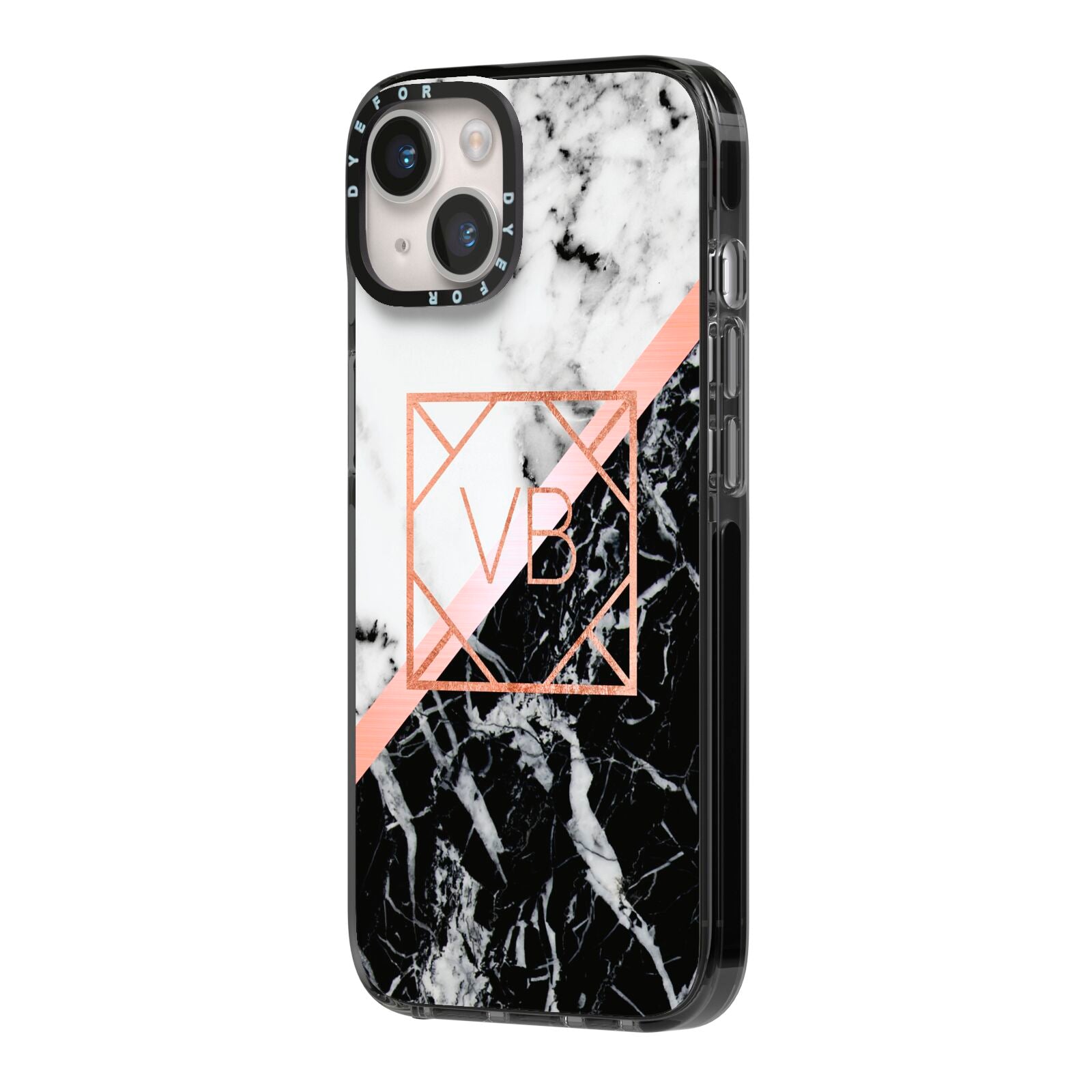 Personalised Rose Gold With Marble Initials iPhone 14 Black Impact Case Side Angle on Silver phone
