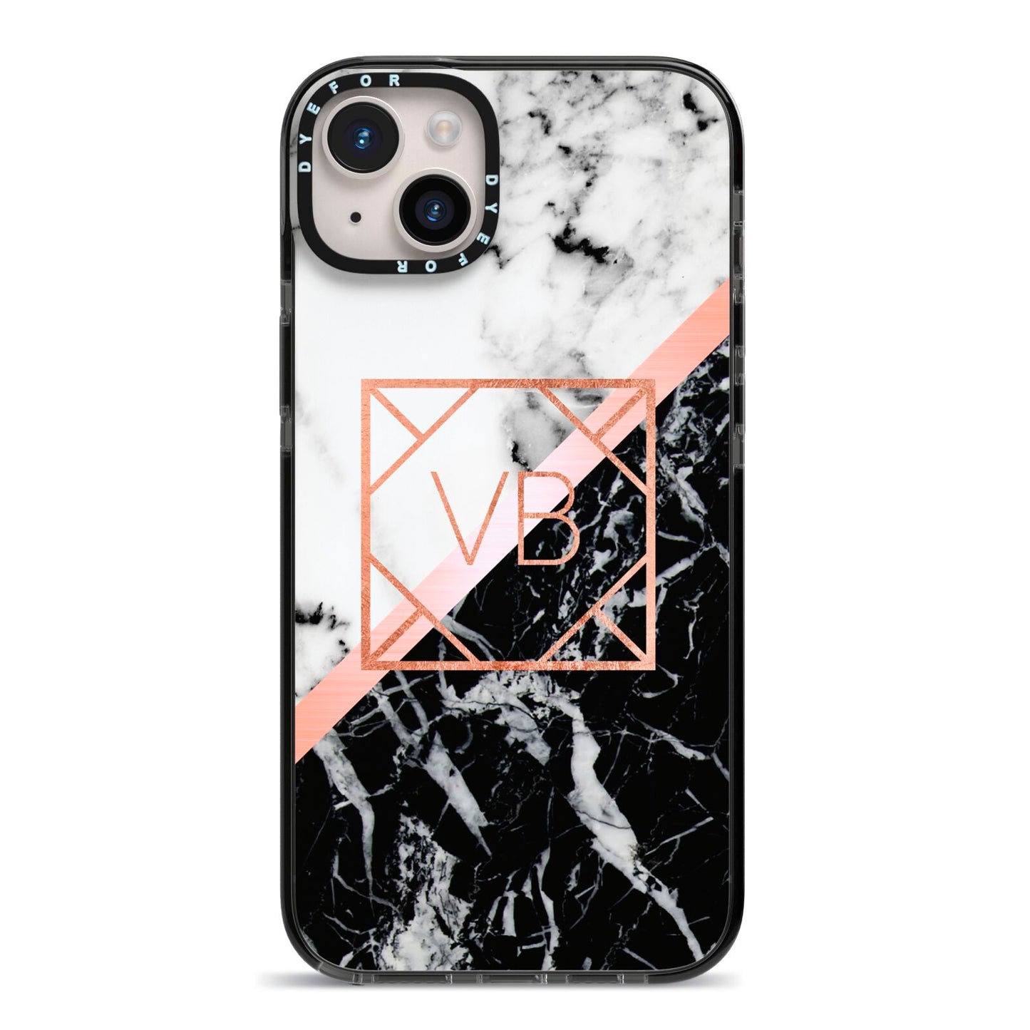 Personalised Rose Gold With Marble Initials iPhone 14 Plus Black Impact Case on Silver phone