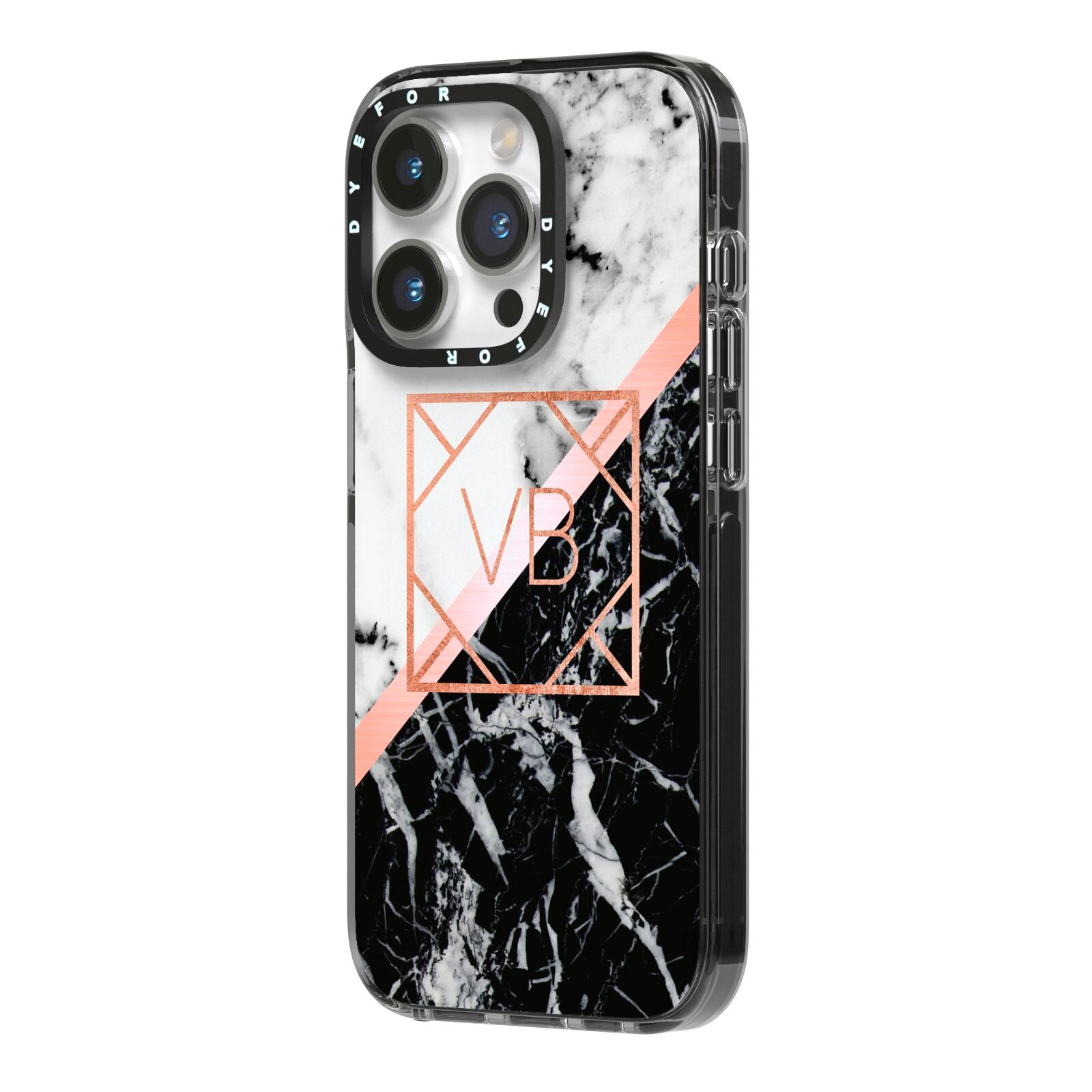 Personalised Rose Gold With Marble Initials iPhone 14 Pro Black Impact Case Side Angle on Silver phone