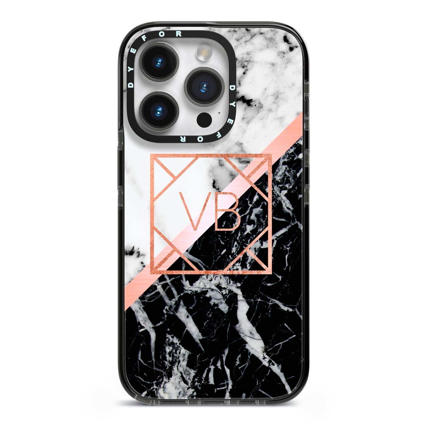 Personalised Rose Gold With Marble Initials iPhone 14 Pro Black Impact Case on Silver phone