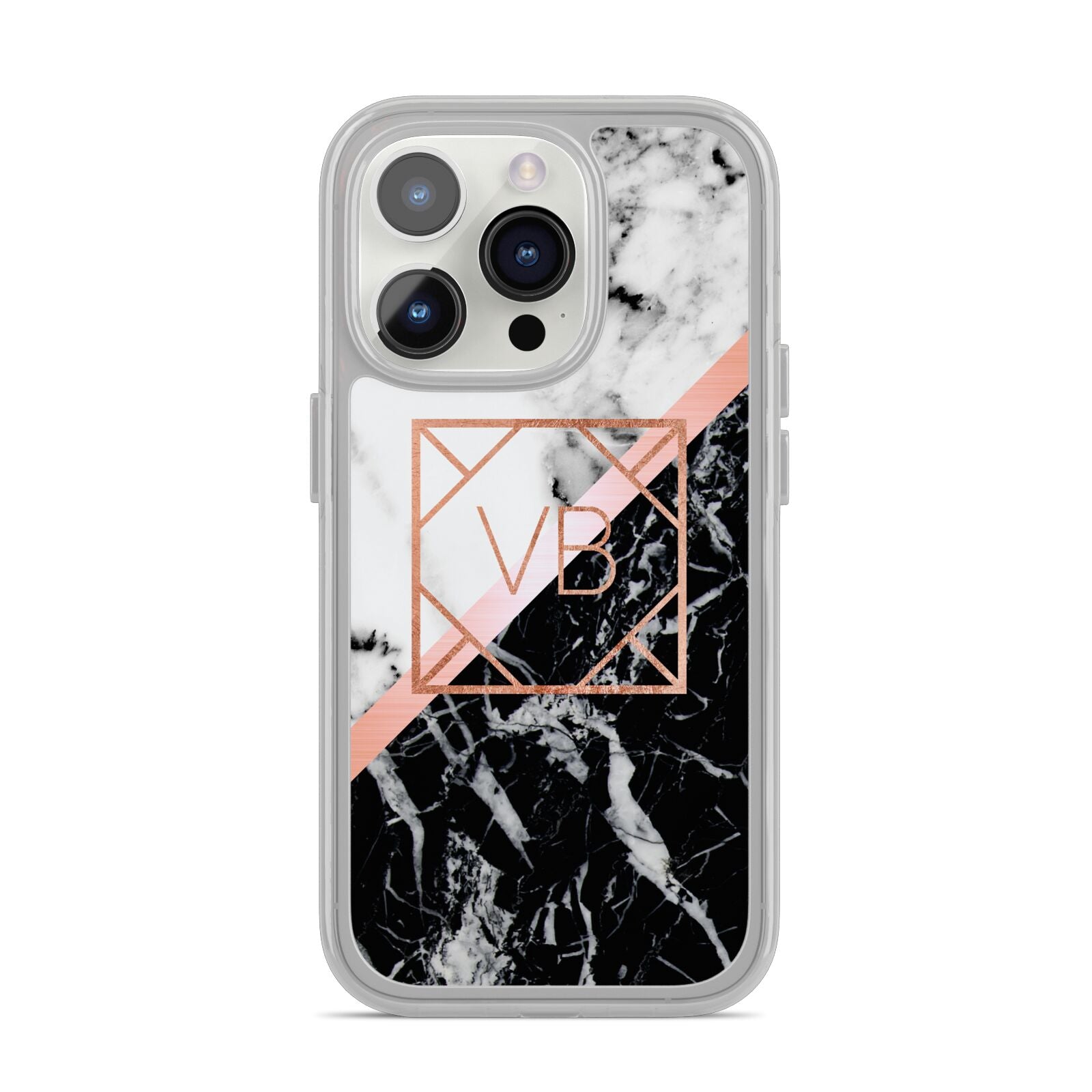 Personalised Rose Gold With Marble Initials iPhone 14 Pro Clear Tough Case Silver