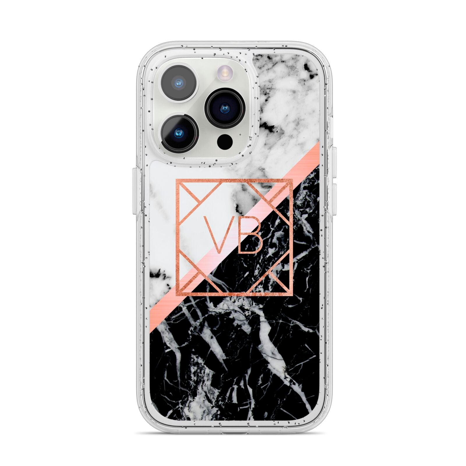 Personalised Rose Gold With Marble Initials iPhone 14 Pro Glitter Tough Case Silver