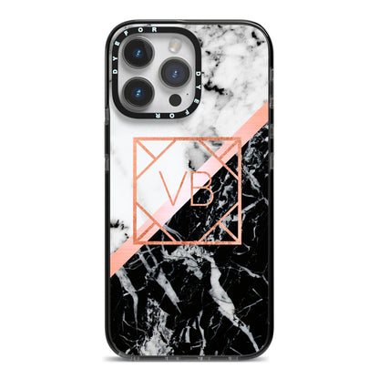 Personalised Rose Gold With Marble Initials iPhone 14 Pro Max Black Impact Case on Silver phone