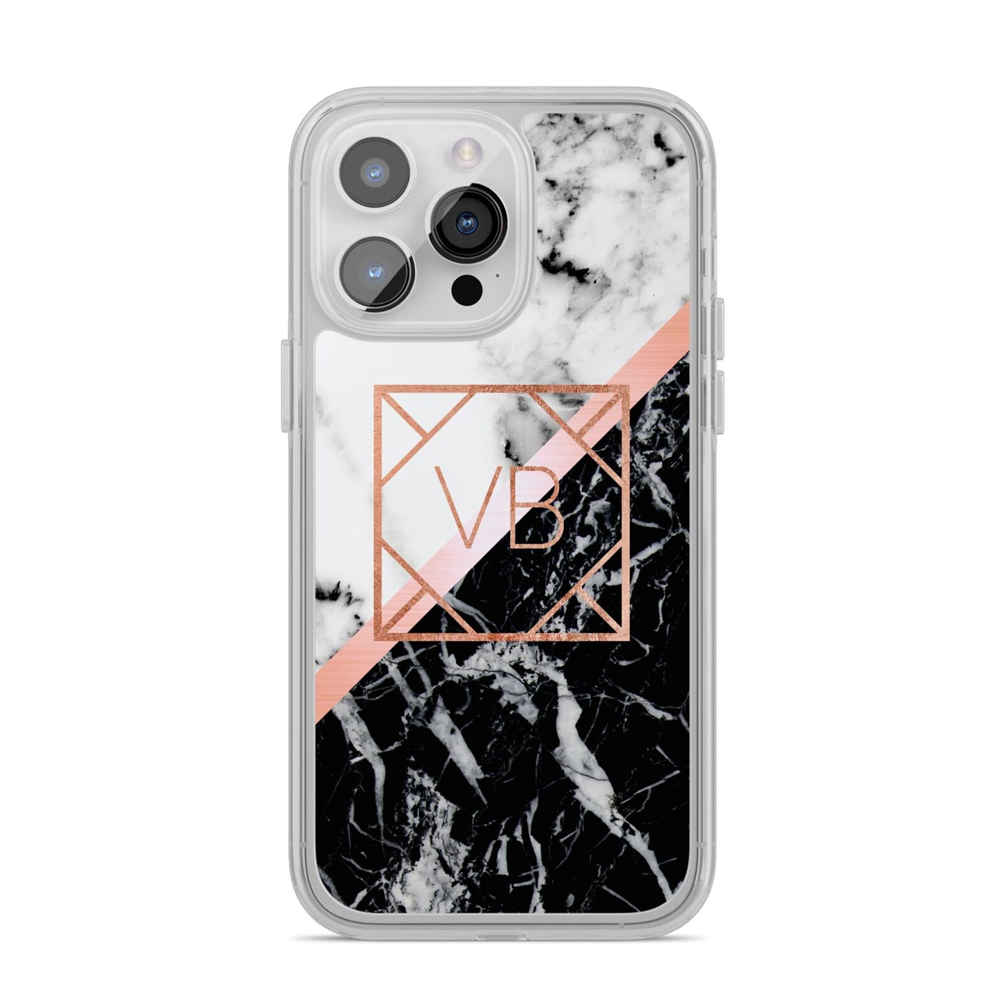 Personalised Rose Gold With Marble Initials iPhone 14 Pro Max Clear Tough Case Silver