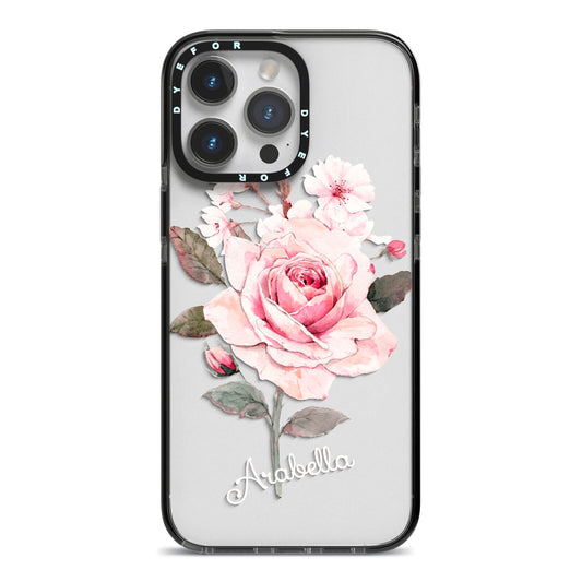 Personalised Rose with Name iPhone 14 Pro Max Black Impact Case on Silver phone