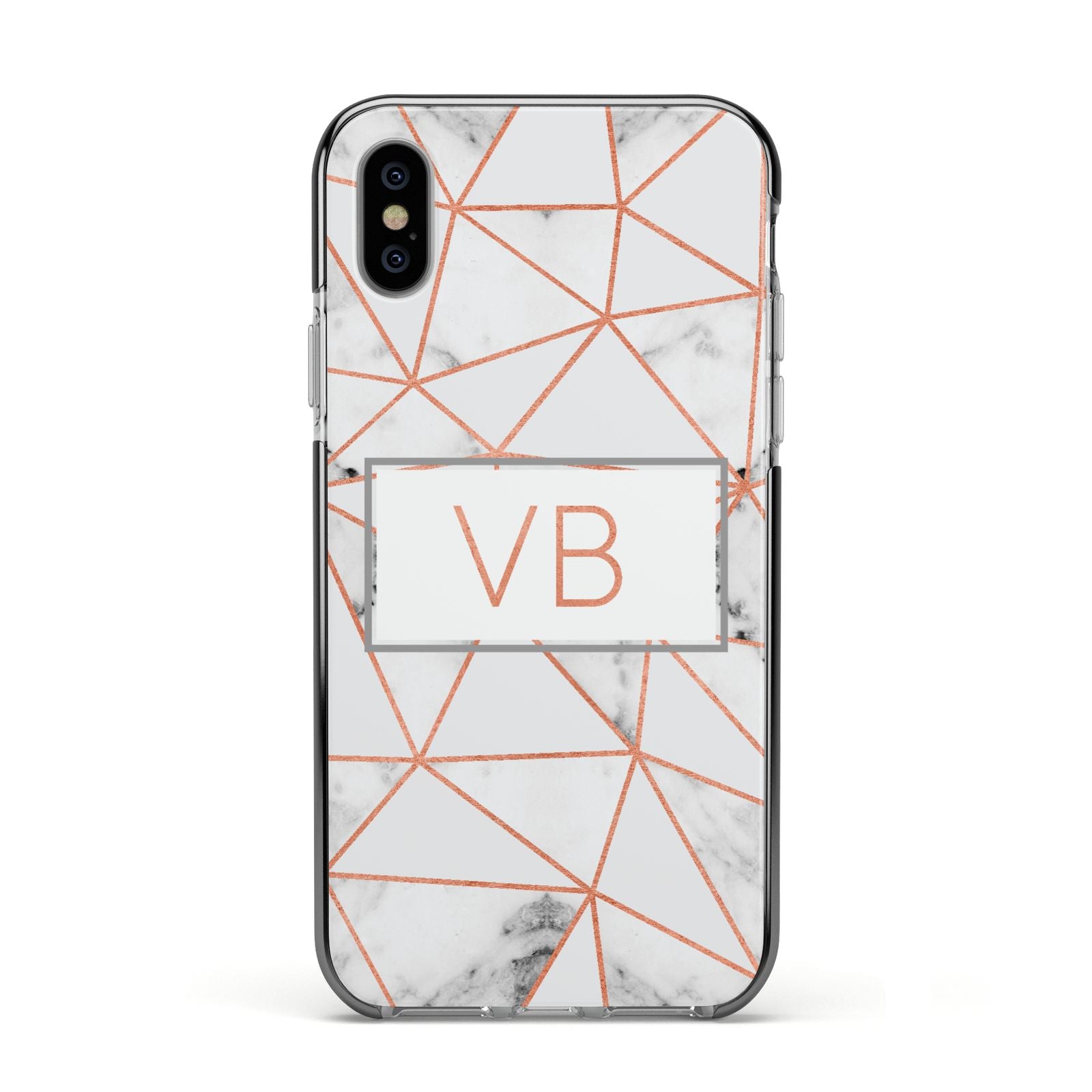 Personalised Rosegold Marble Initials Apple iPhone Xs Impact Case Black Edge on Silver Phone