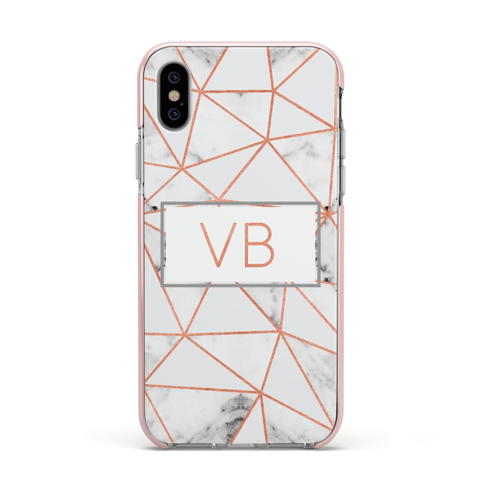 Personalised Rosegold Marble Initials Apple iPhone Xs Impact Case Pink Edge on Silver Phone