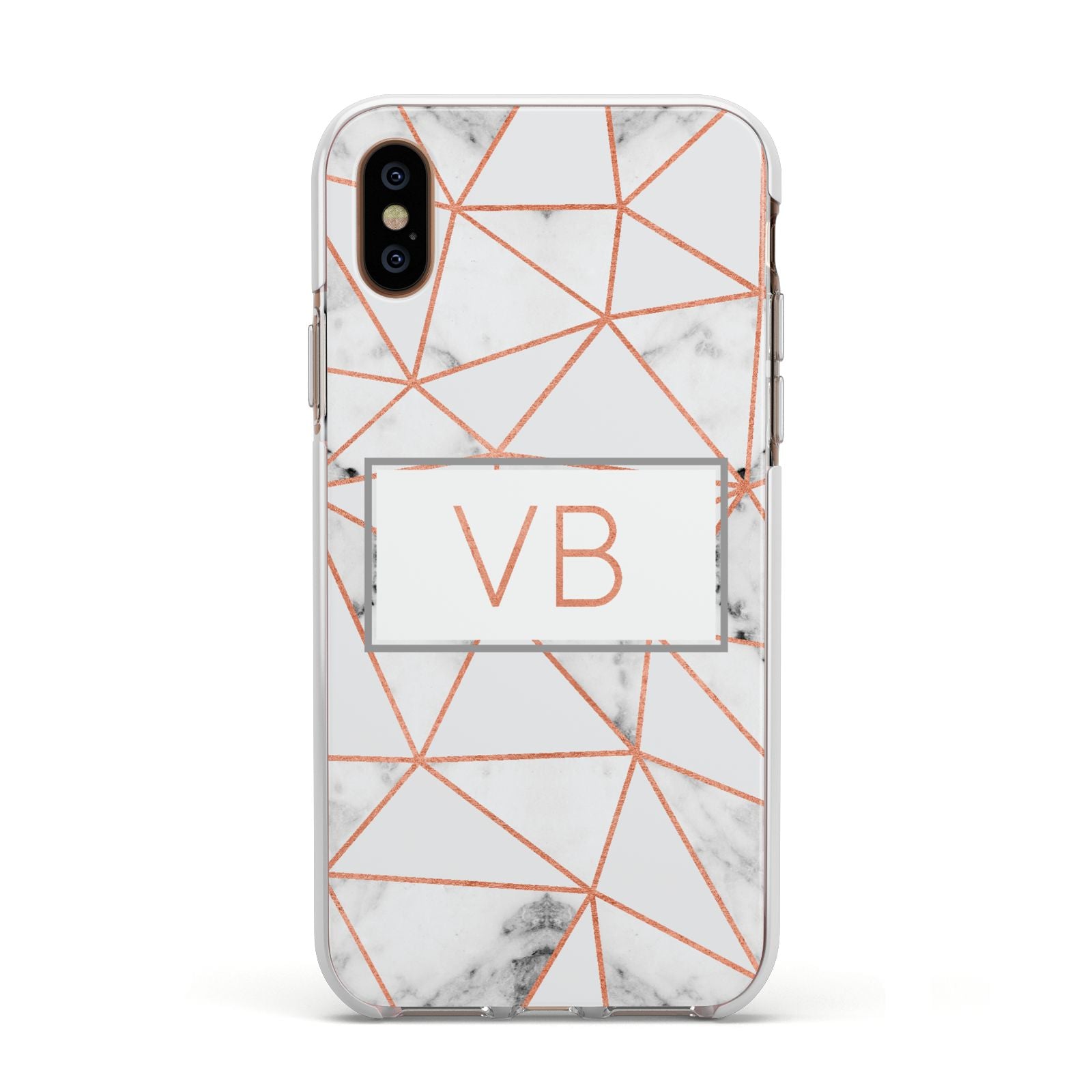 Personalised Rosegold Marble Initials Apple iPhone Xs Impact Case White Edge on Gold Phone