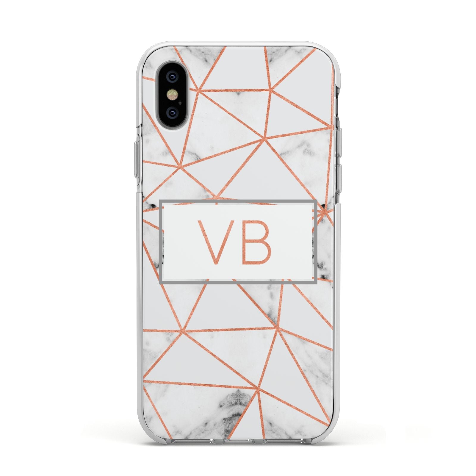 Personalised Rosegold Marble Initials Apple iPhone Xs Impact Case White Edge on Silver Phone