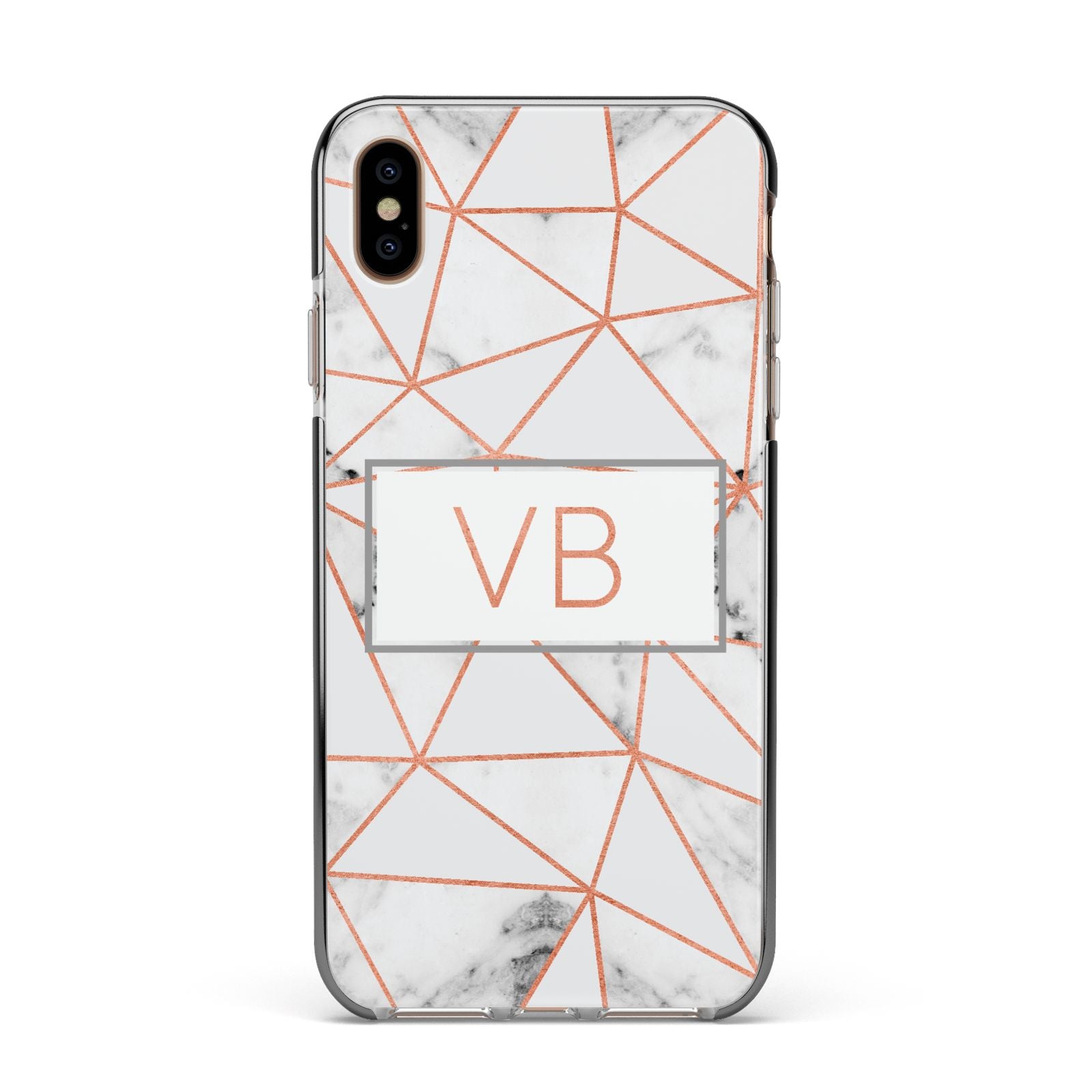 Personalised Rosegold Marble Initials Apple iPhone Xs Max Impact Case Black Edge on Gold Phone