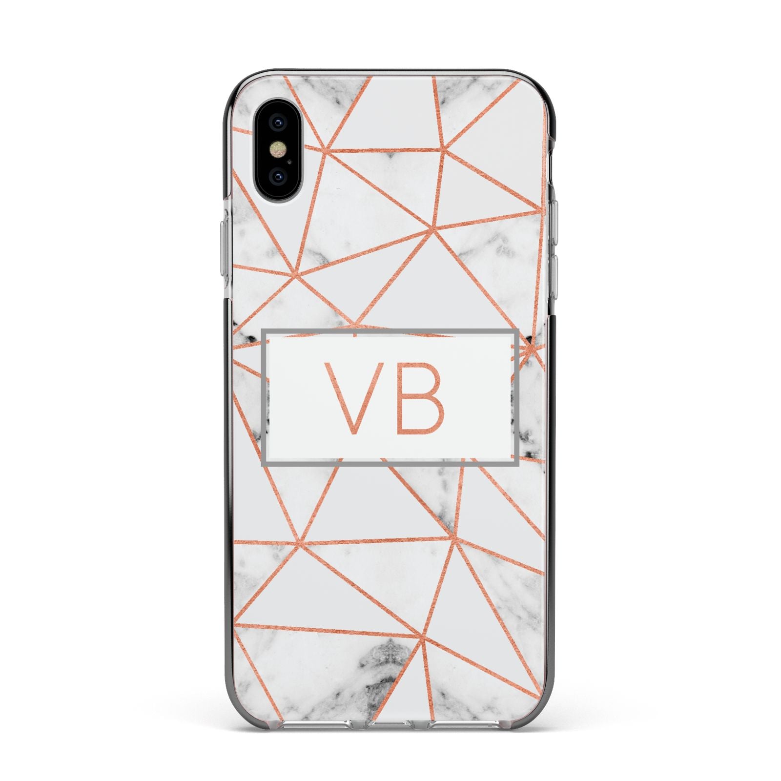 Personalised Rosegold Marble Initials Apple iPhone Xs Max Impact Case Black Edge on Silver Phone