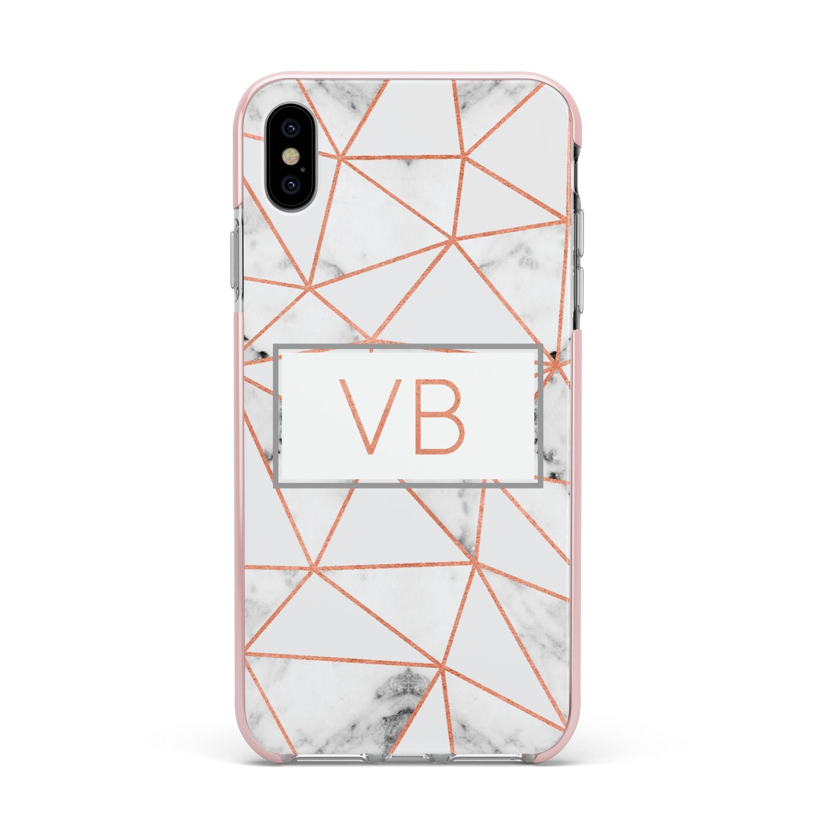 Personalised Rosegold Marble Initials Apple iPhone Xs Max Impact Case Pink Edge on Silver Phone