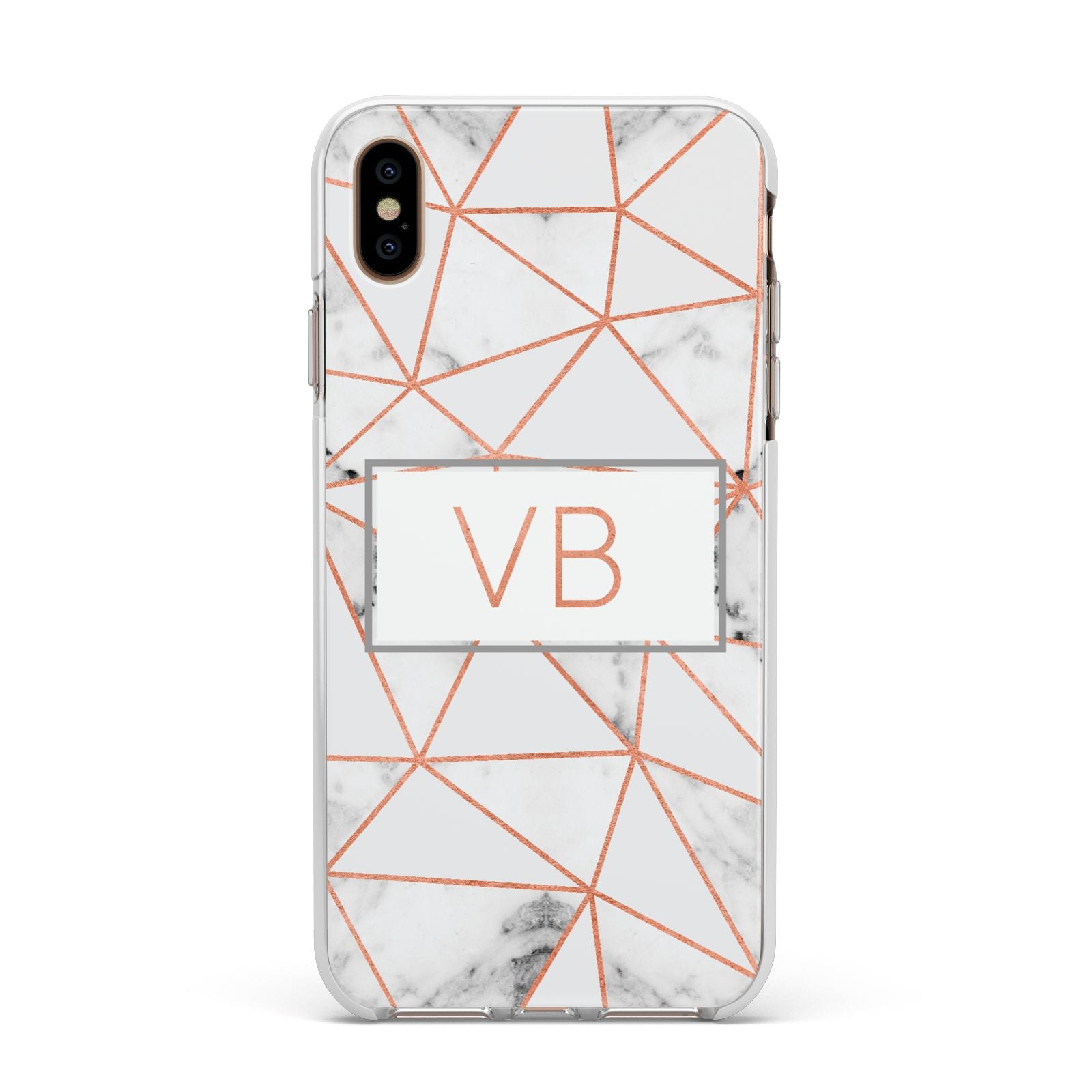 Personalised Rosegold Marble Initials Apple iPhone Xs Max Impact Case White Edge on Gold Phone