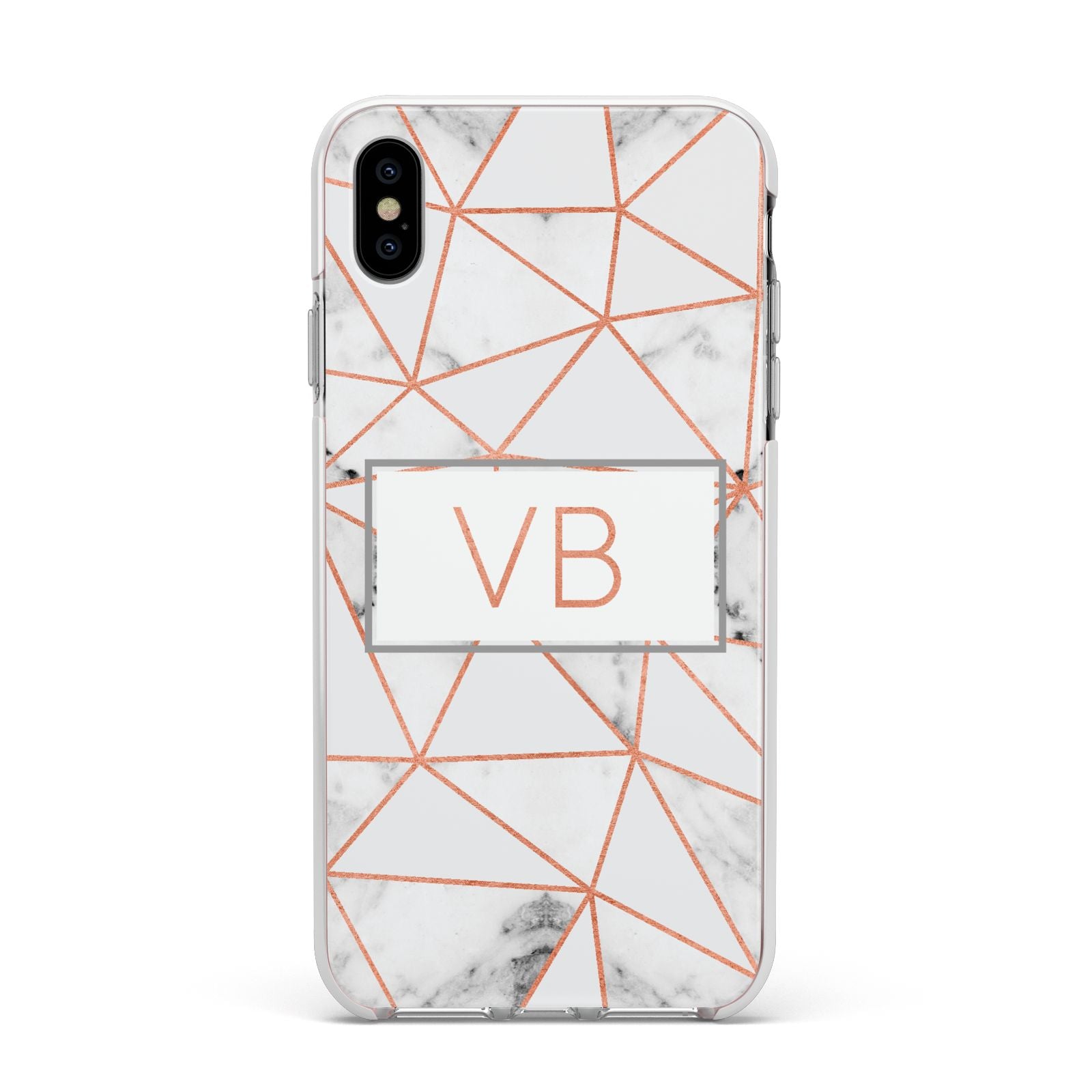 Personalised Rosegold Marble Initials Apple iPhone Xs Max Impact Case White Edge on Silver Phone
