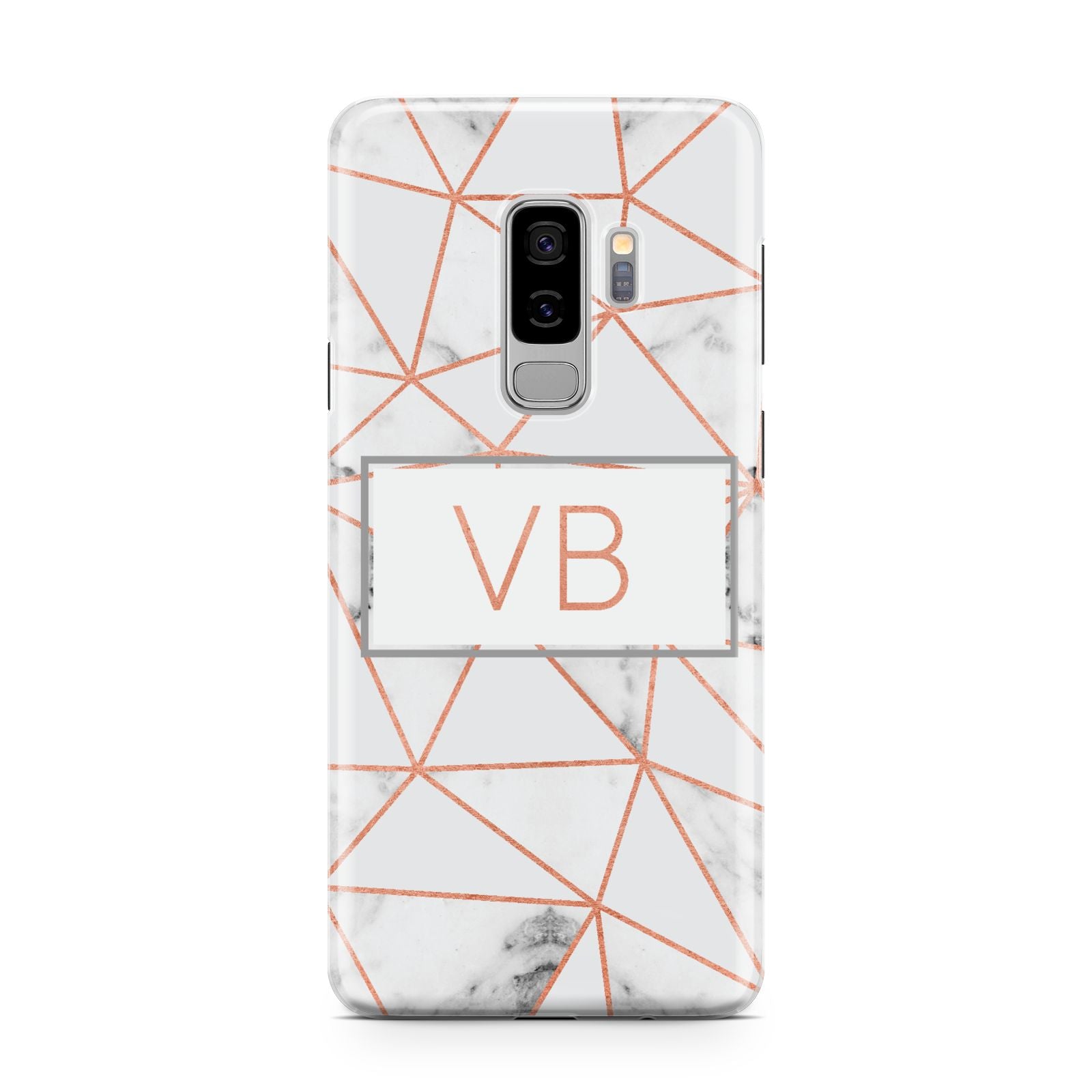 Personalised Rosegold Marble Initials Samsung Galaxy S9 Plus Case on Silver phone