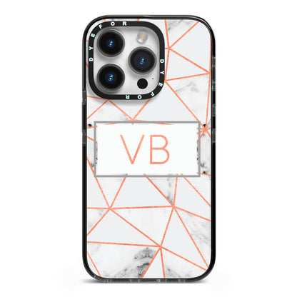Personalised Rosegold Marble Initials iPhone 14 Pro Black Impact Case on Silver phone