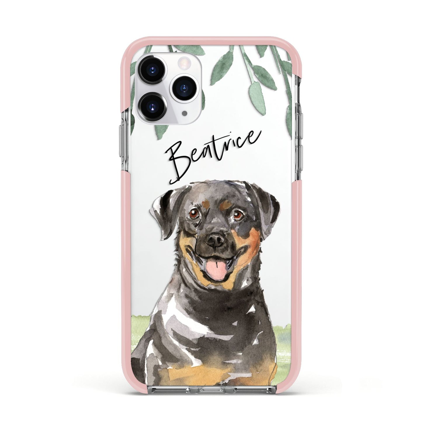 Personalised Rottweiler Apple iPhone 11 Pro in Silver with Pink Impact Case