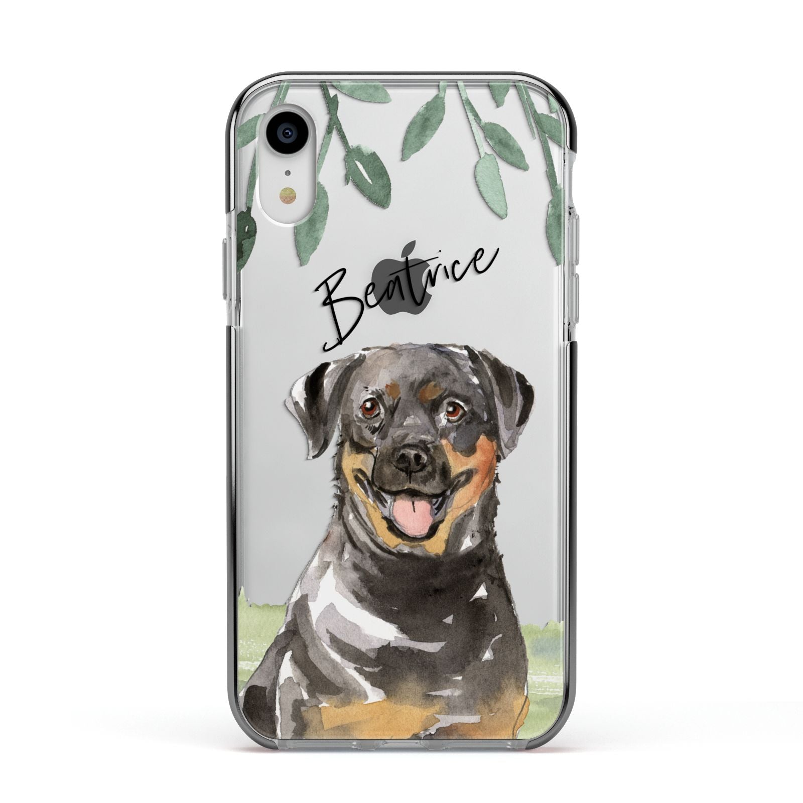 Personalised Rottweiler Apple iPhone XR Impact Case Black Edge on Silver Phone