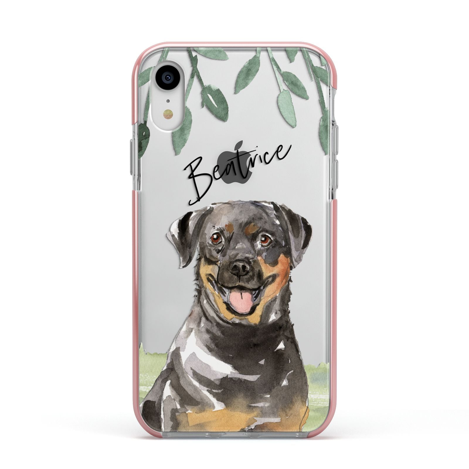Personalised Rottweiler Apple iPhone XR Impact Case Pink Edge on Silver Phone