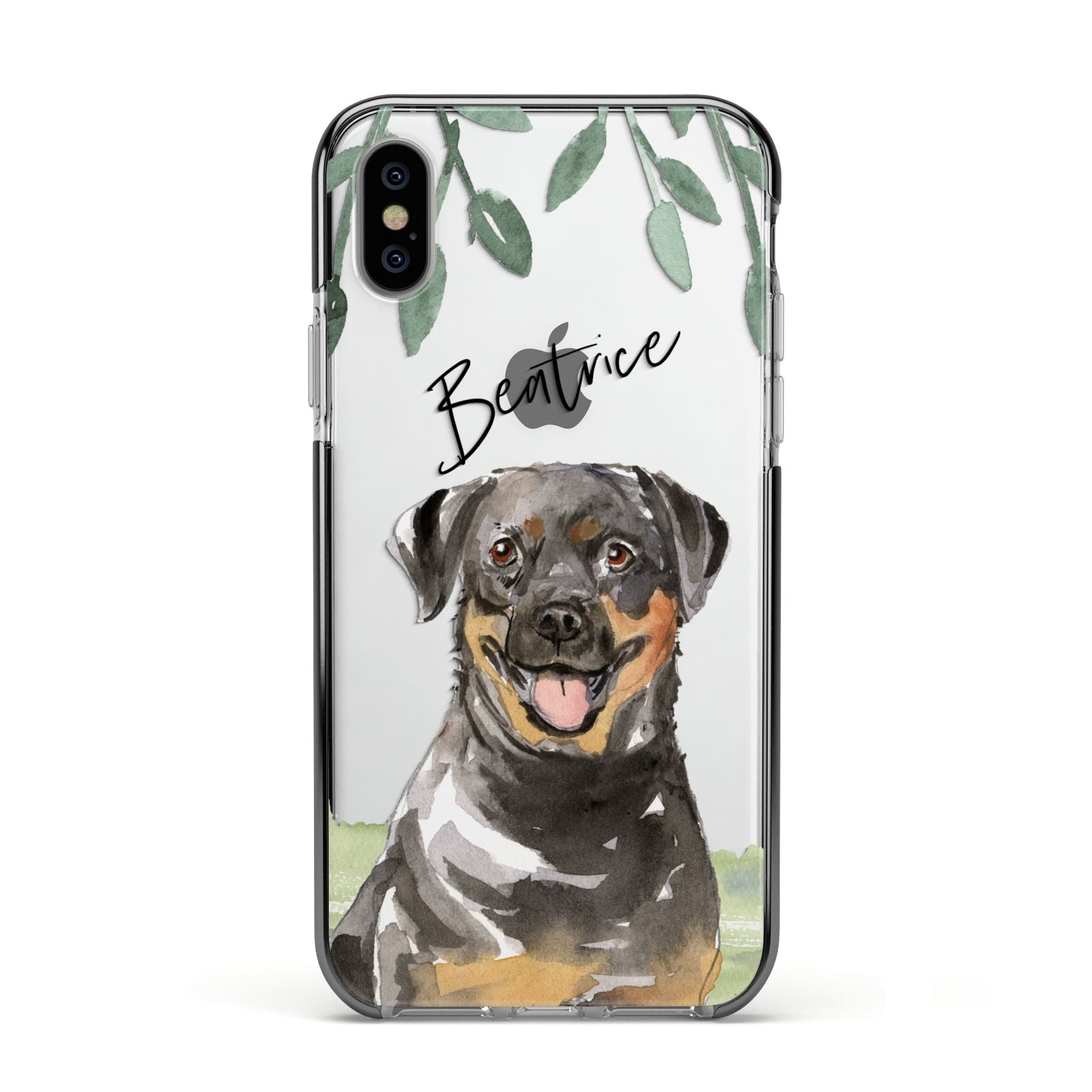 Personalised Rottweiler Apple iPhone Xs Impact Case Black Edge on Silver Phone