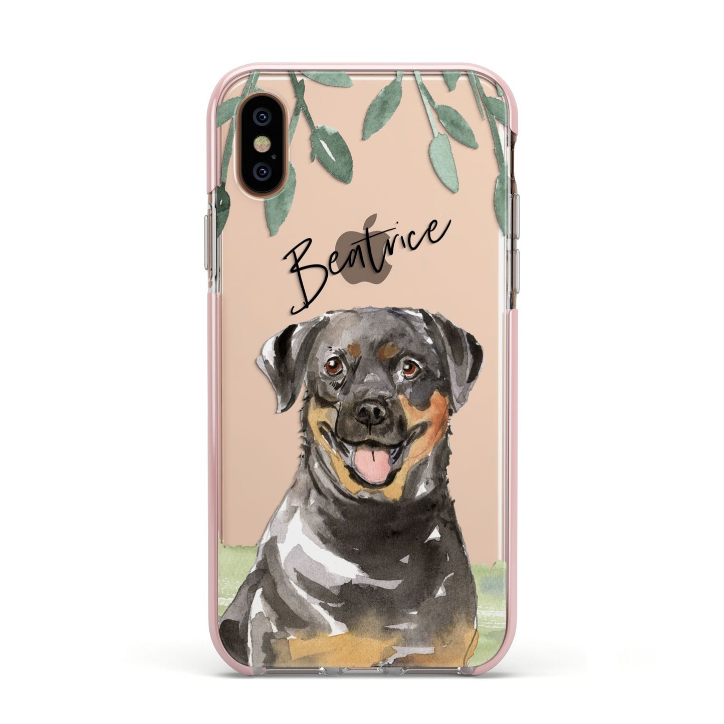 Personalised Rottweiler Apple iPhone Xs Impact Case Pink Edge on Gold Phone