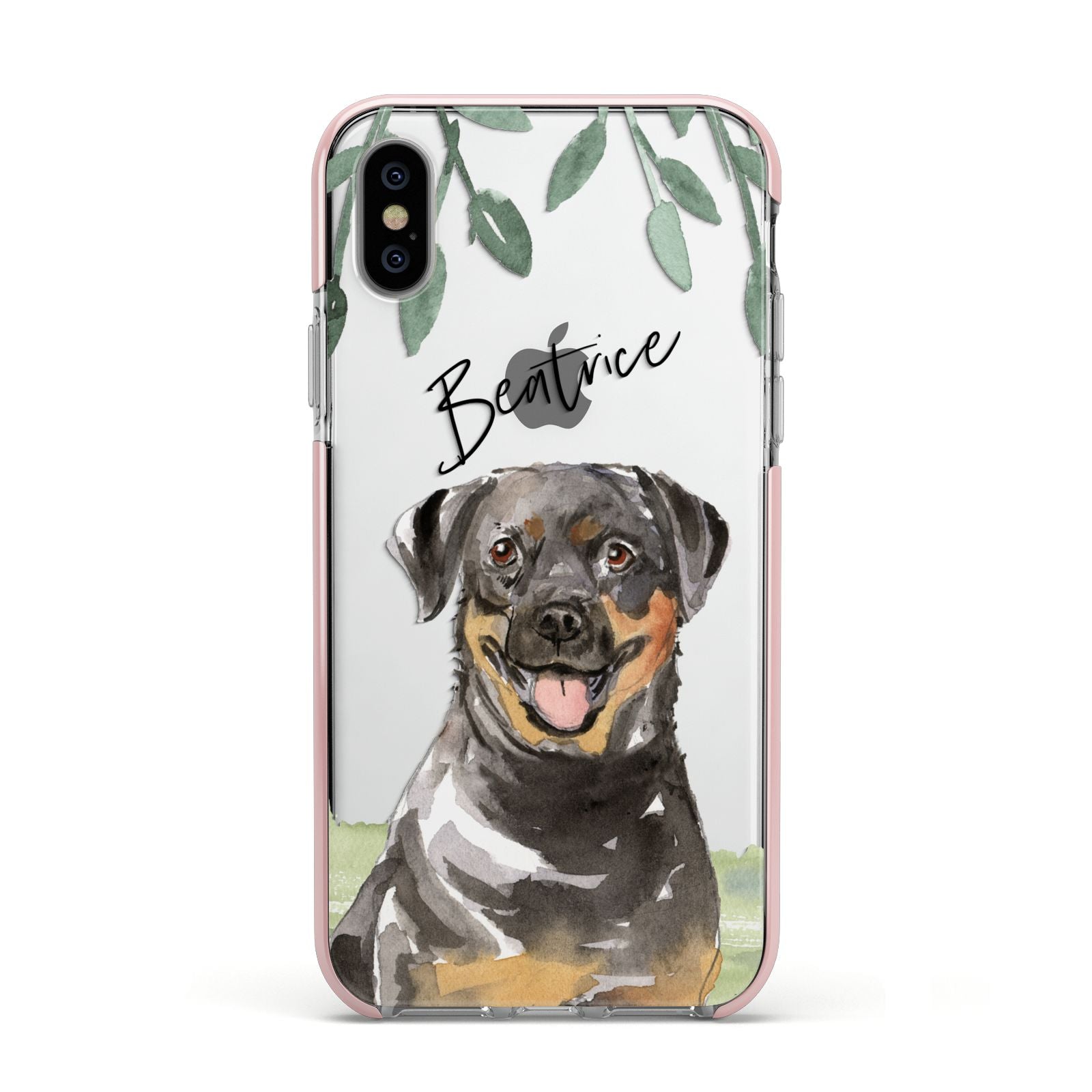 Personalised Rottweiler Apple iPhone Xs Impact Case Pink Edge on Silver Phone