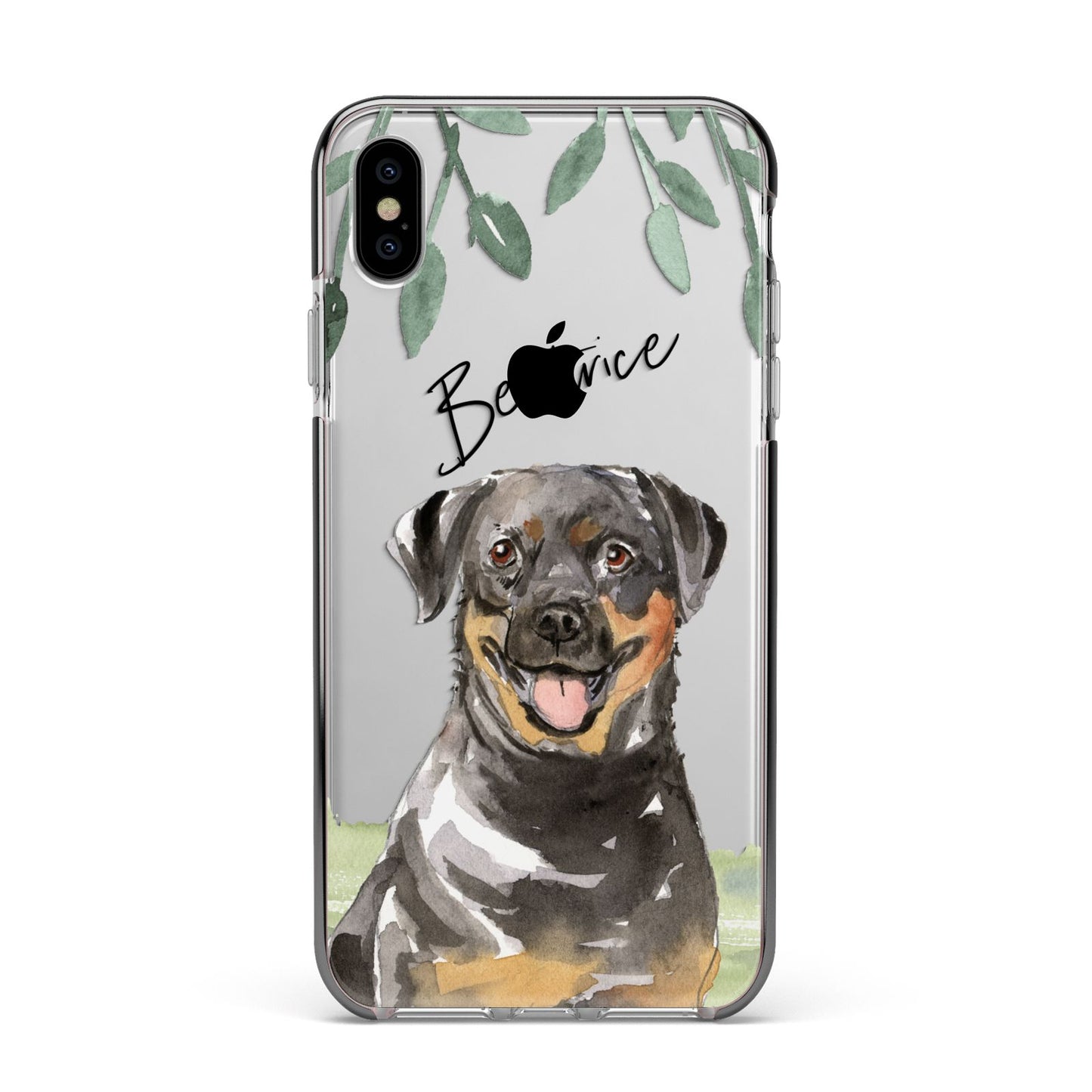 Personalised Rottweiler Apple iPhone Xs Max Impact Case Black Edge on Silver Phone