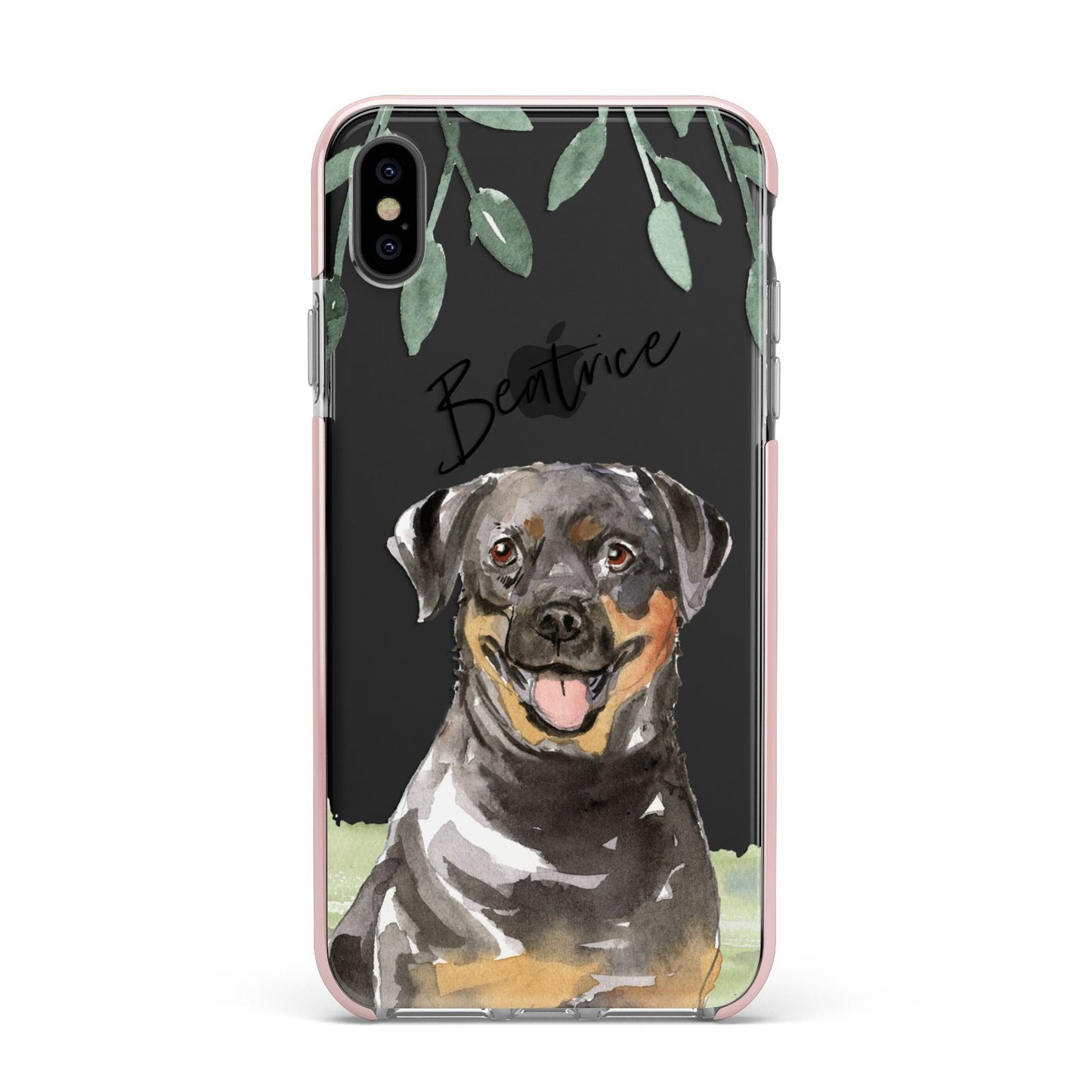 Personalised Rottweiler Apple iPhone Xs Max Impact Case Pink Edge on Black Phone