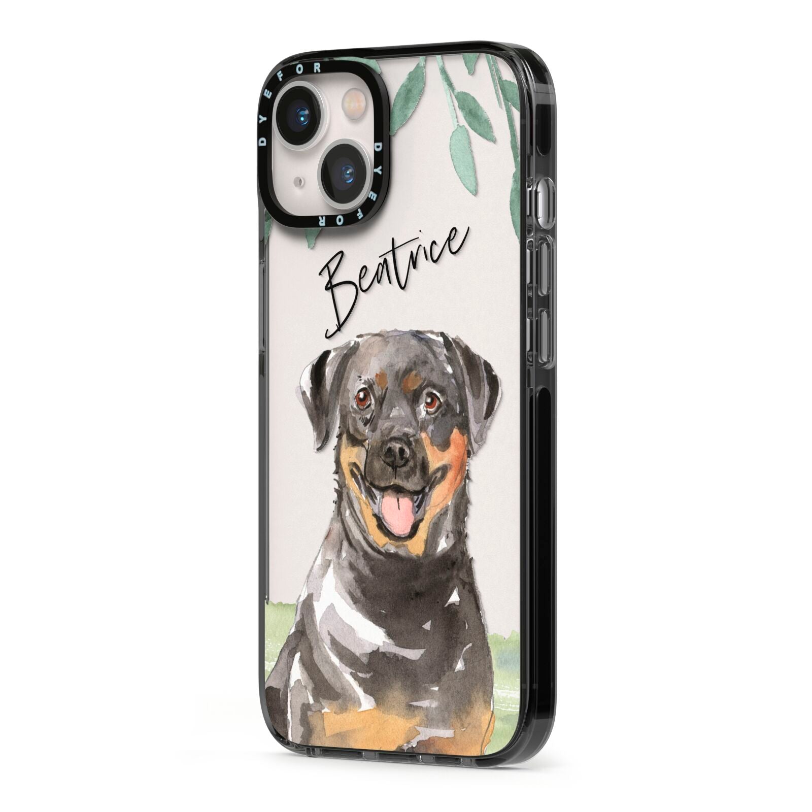 Personalised Rottweiler iPhone 13 Black Impact Case Side Angle on Silver phone