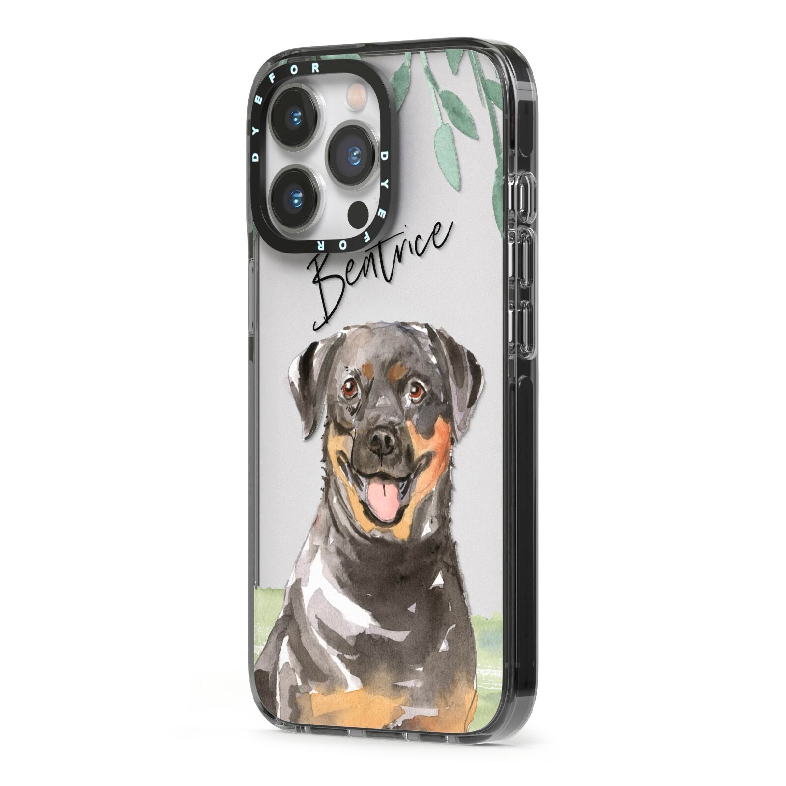 Personalised Rottweiler iPhone 13 Pro Black Impact Case Side Angle on Silver phone