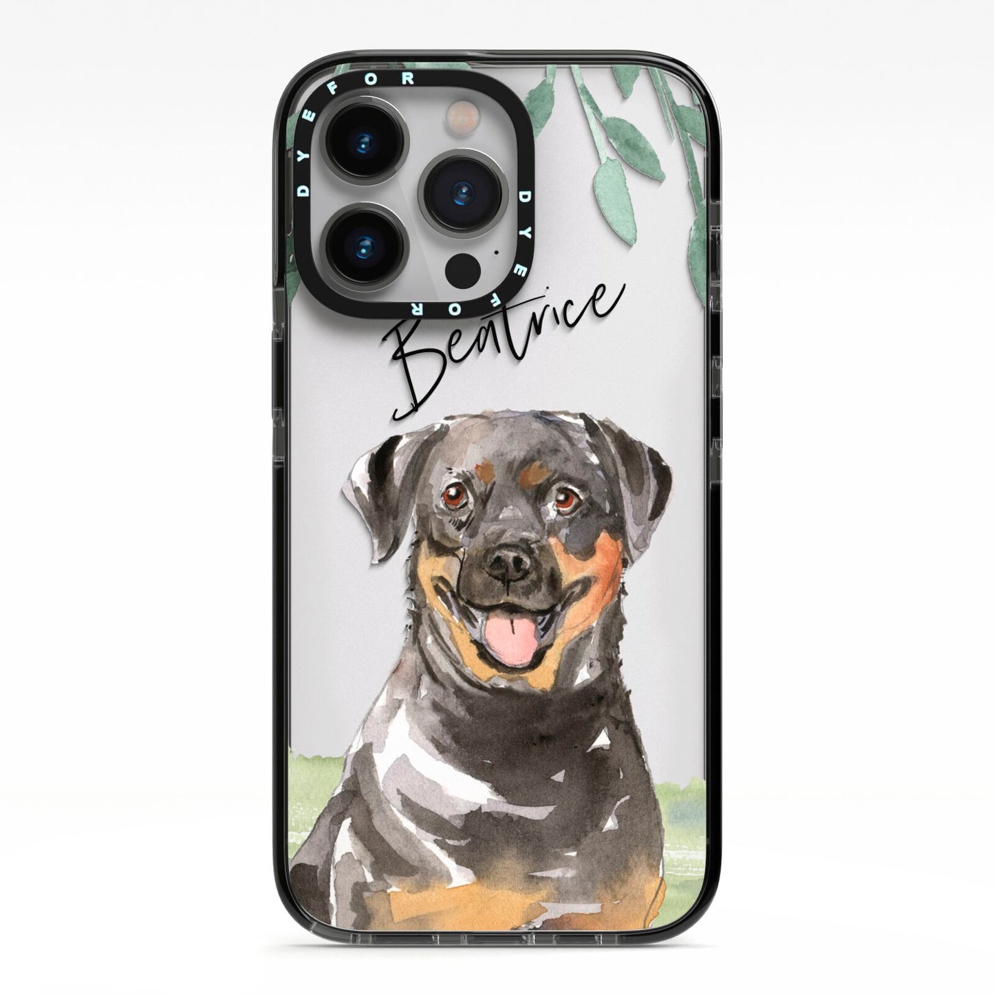 Personalised Rottweiler iPhone 13 Pro Black Impact Case on Silver phone